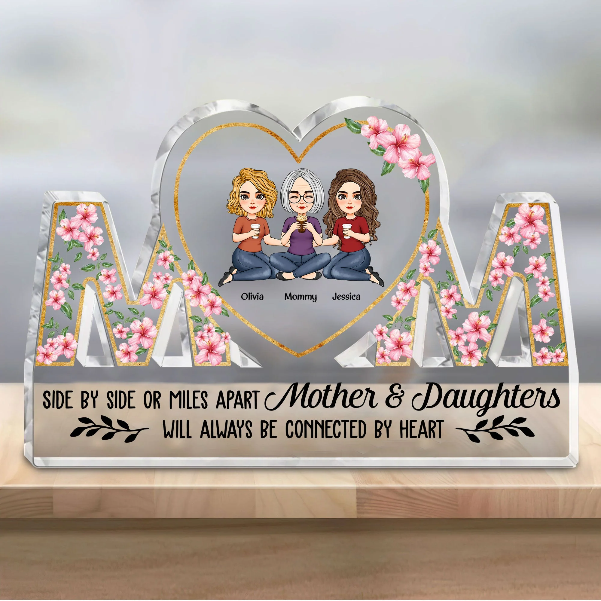 Mother & Daughters Will Always Be Connected By Heart - Personalized Mom Shaped Acrylic Plaque - Image 3