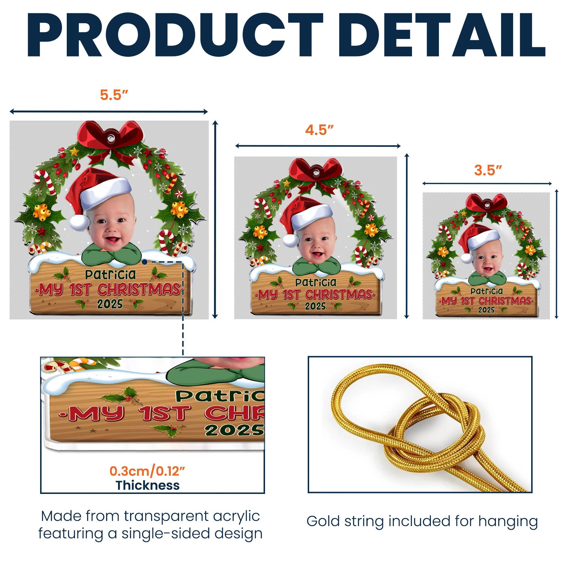 My 1st Christmas - Personalized Babys Photo First Christmas Ornament - Image 5