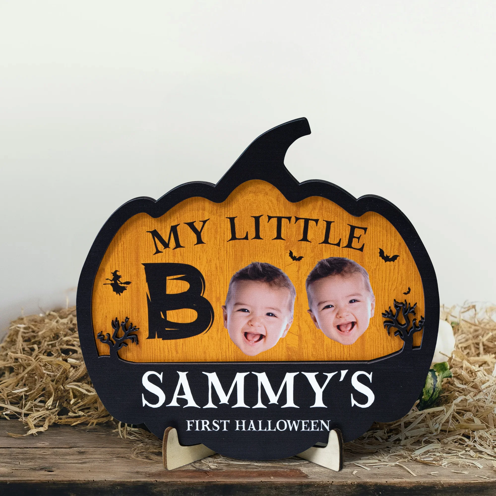 My Little Boo Baby First Halloween Pumpkin Shape - Personalized Photo Wooden Plaque - Image 2