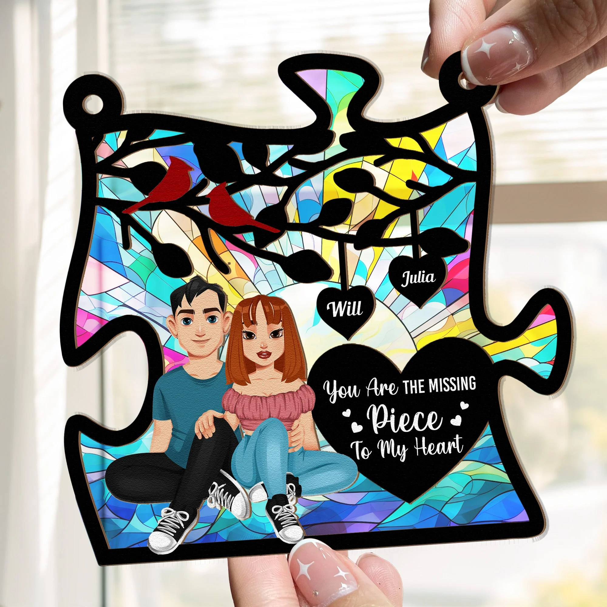 My Missing Piece Anniversary Gifts Couples - Personalized Window Hanging Suncatcher Ornament - Image 3