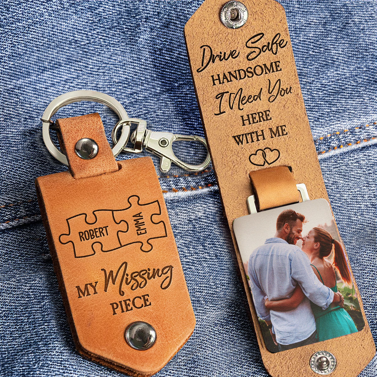 My Missing Piece Drive Safe I Need You - Personalized Leather Photo Keychain - Image 2