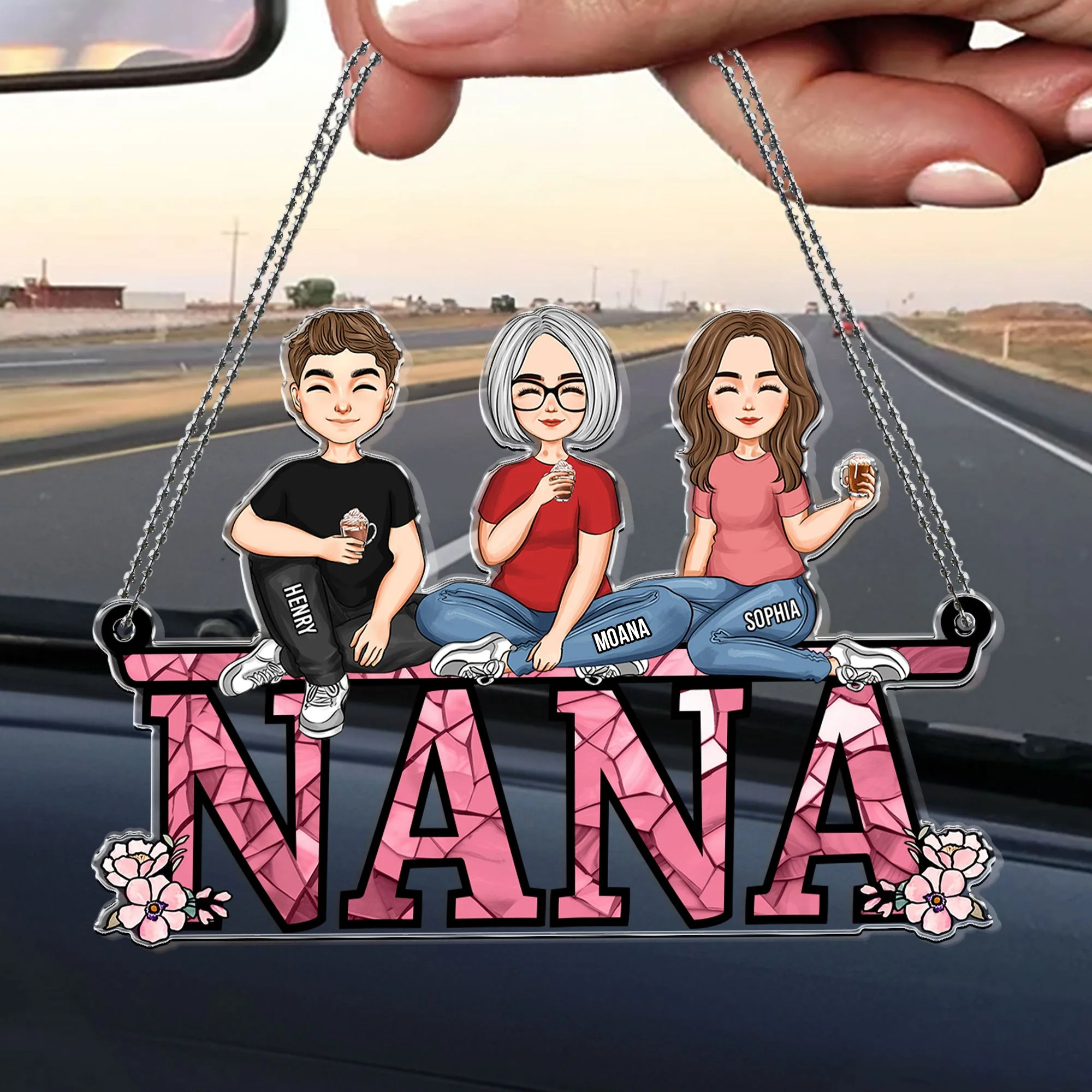 Nana - Children, Sitting Together - Personalized Rear View Mirror Accessory - Image 2