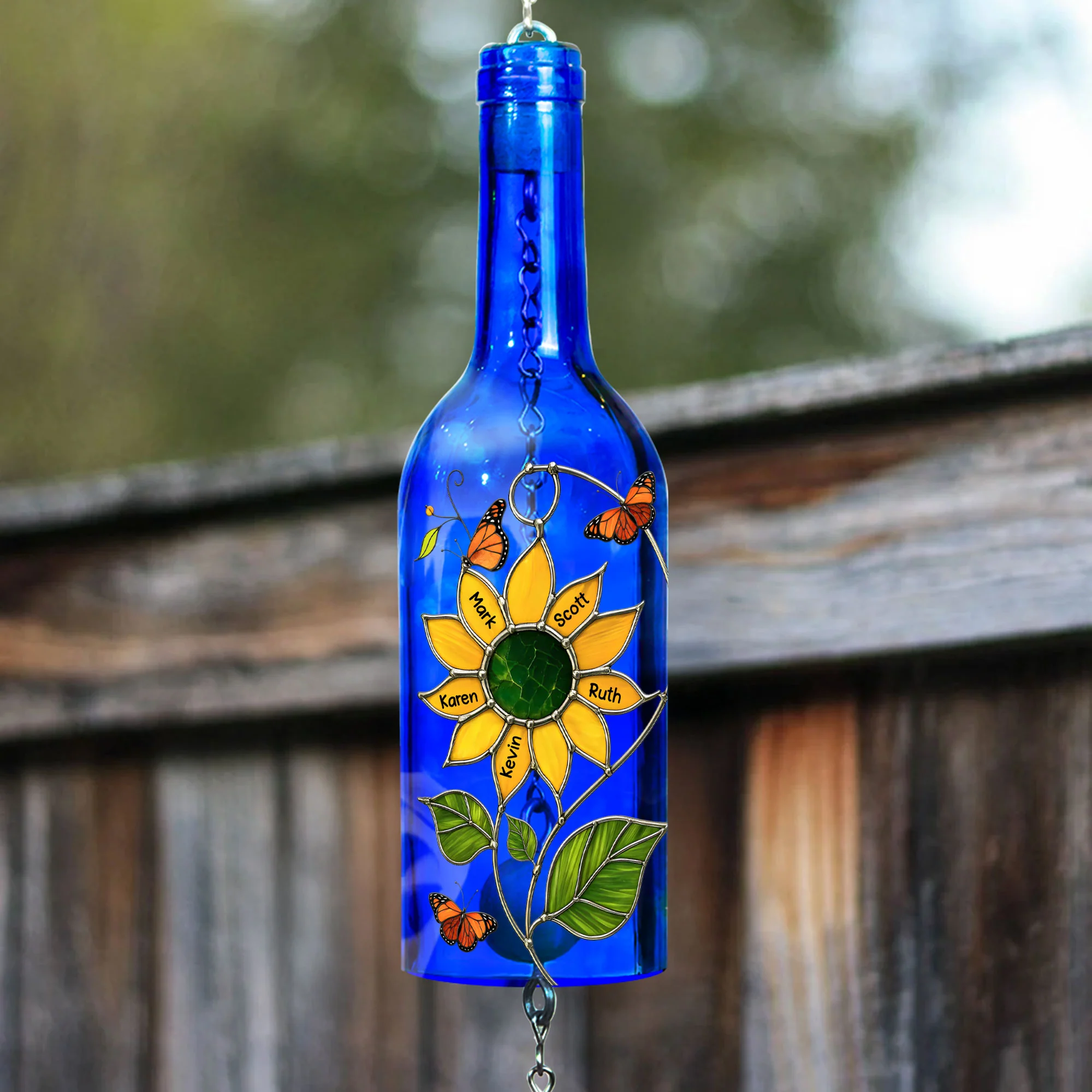 Nana You Are My Sunshine Kids Grandkids Names - Personalized Wine Bottle Wind Chime - Image 5