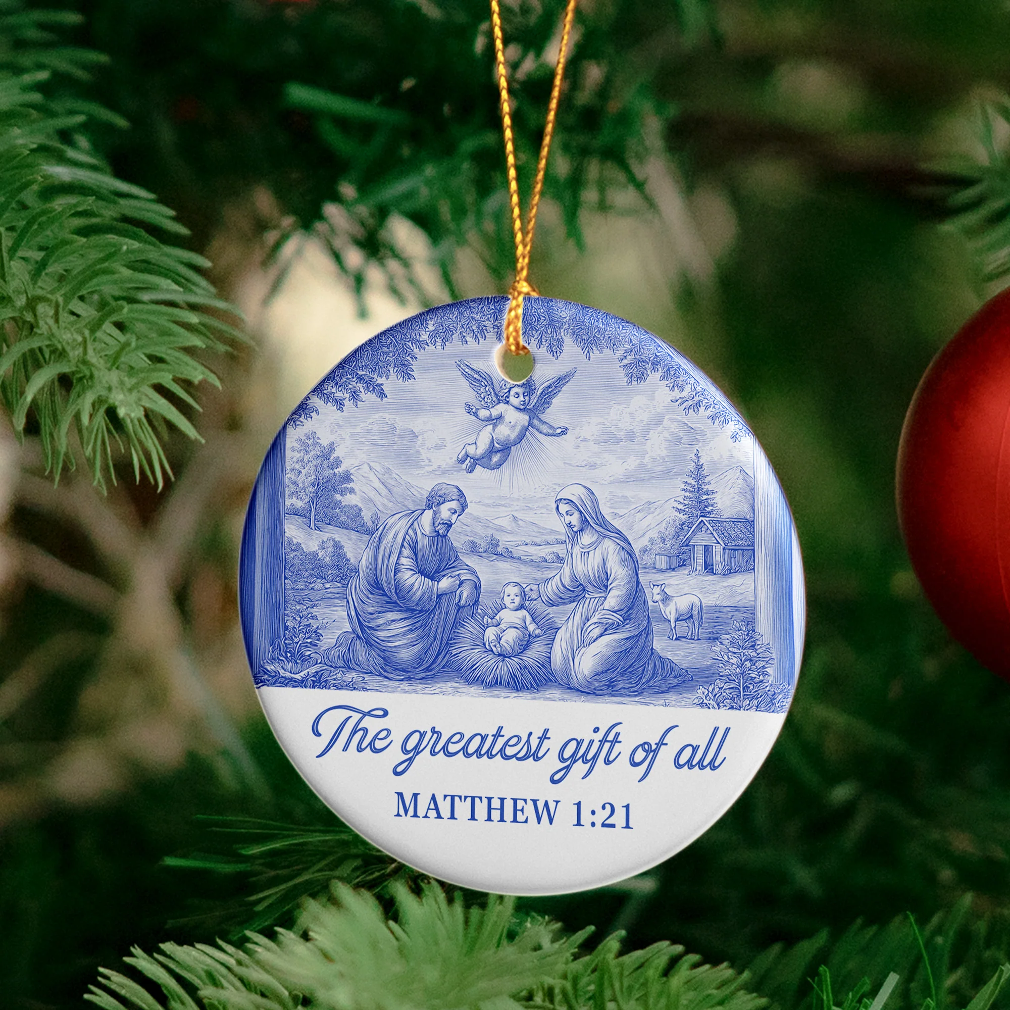 Nativity Scene Blue Toile De Jouy Christmas Holy Family - Ceramic Ornament - Image 4