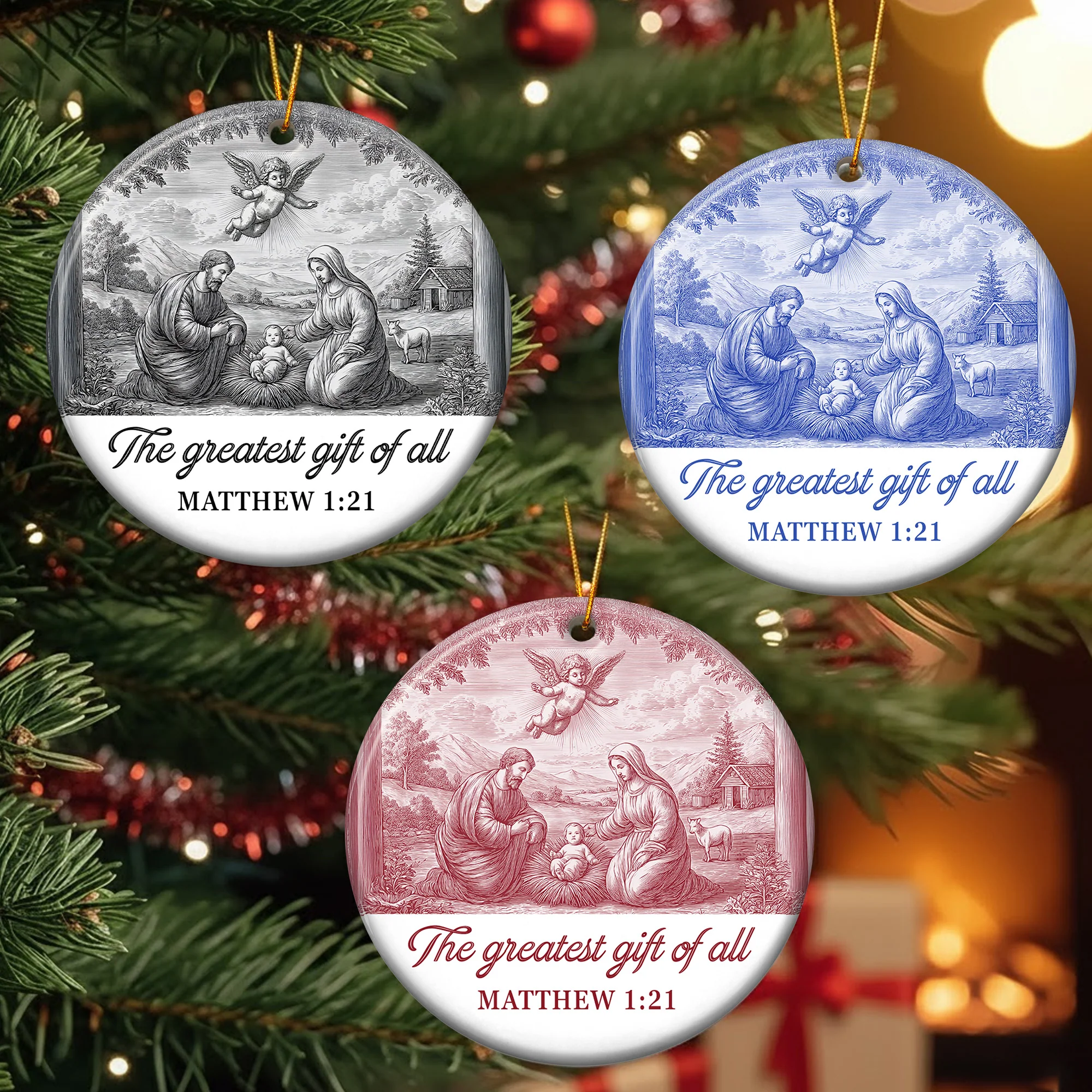 Nativity Scene Blue Toile De Jouy Christmas Holy Family - Ceramic Ornament - Image 5