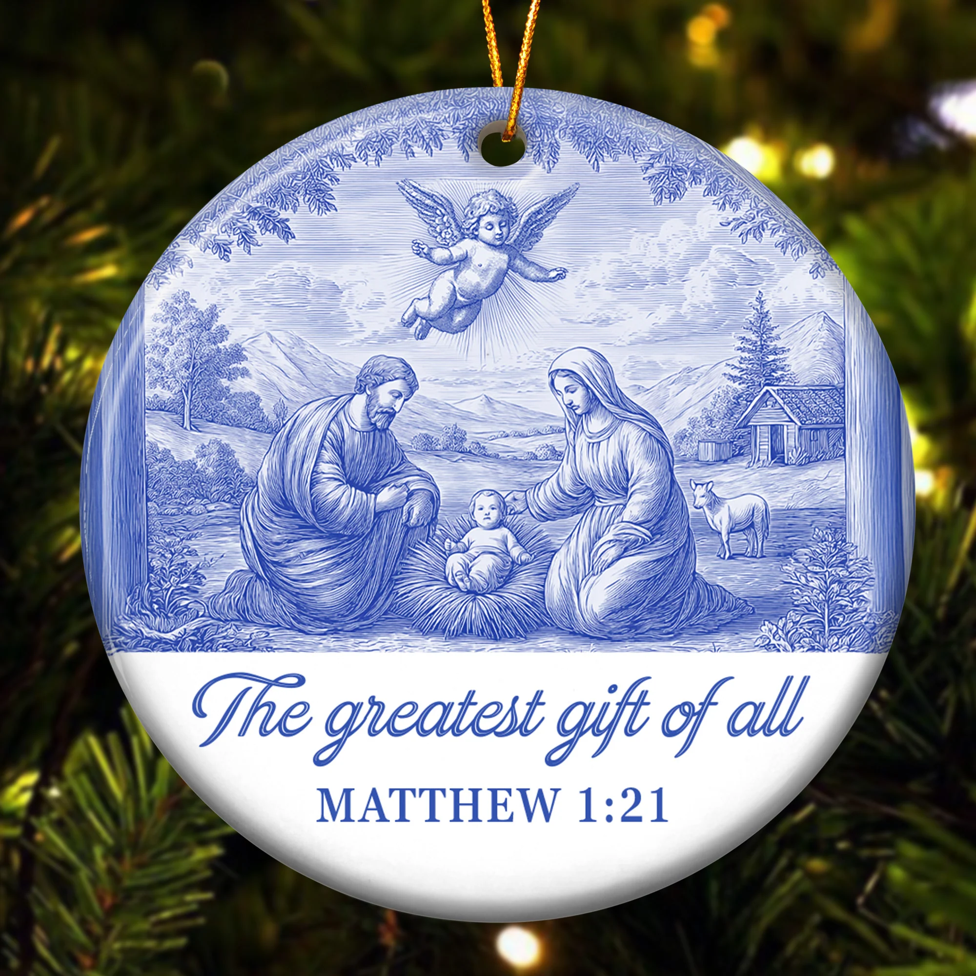Nativity Scene Blue Toile De Jouy Christmas Holy Family - Ceramic Ornament - Image 8