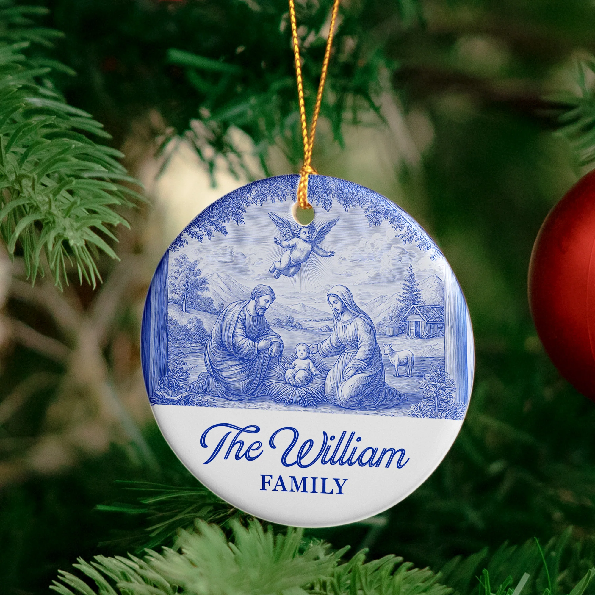 Nativity Scene Blue Toile De Jouy Christmas Holy Family - Personalized Ceramic Ornament - Image 4