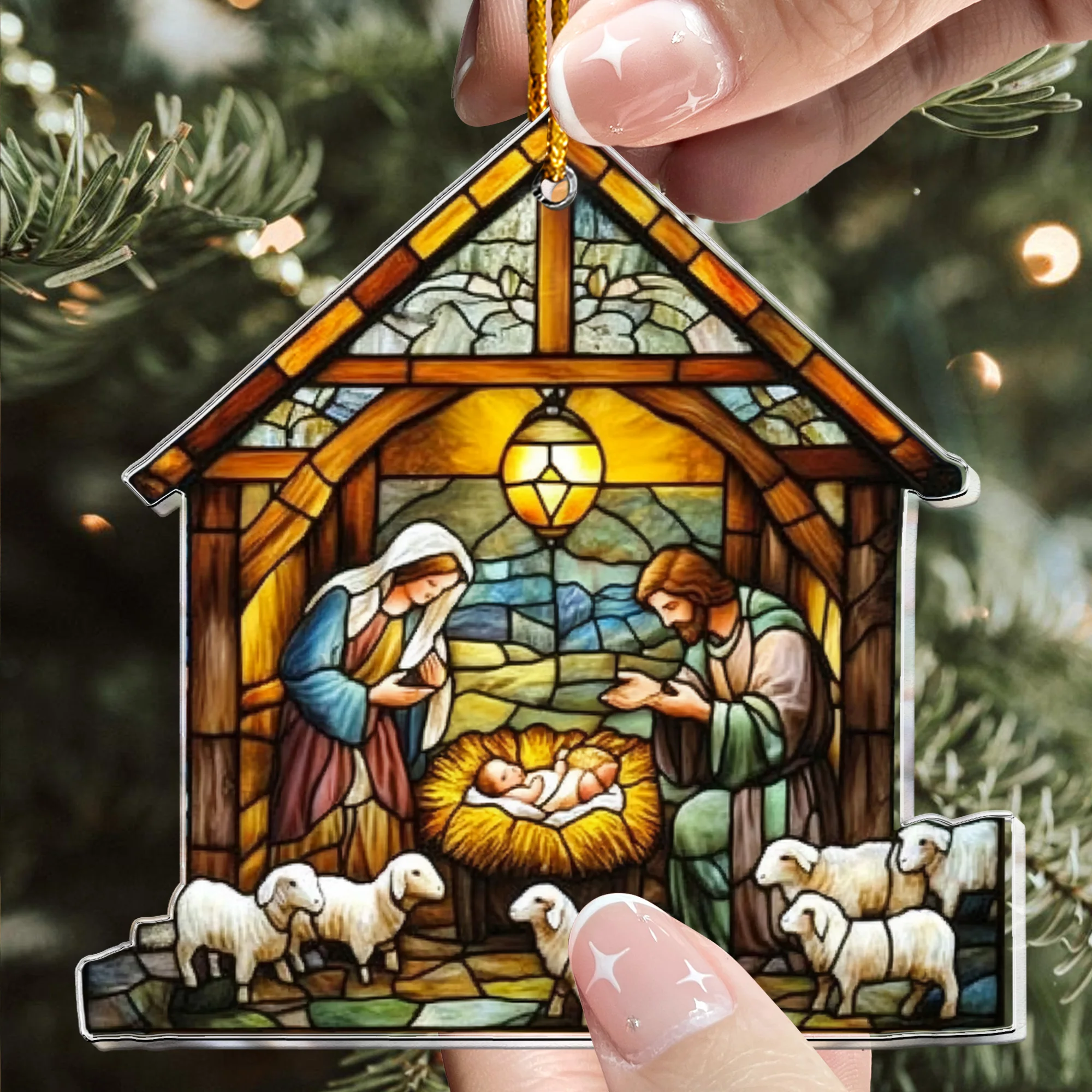 Nativity Scene Christmas Ornament Stained Glass Style - Personalized Acrylic Ornament - Image 2