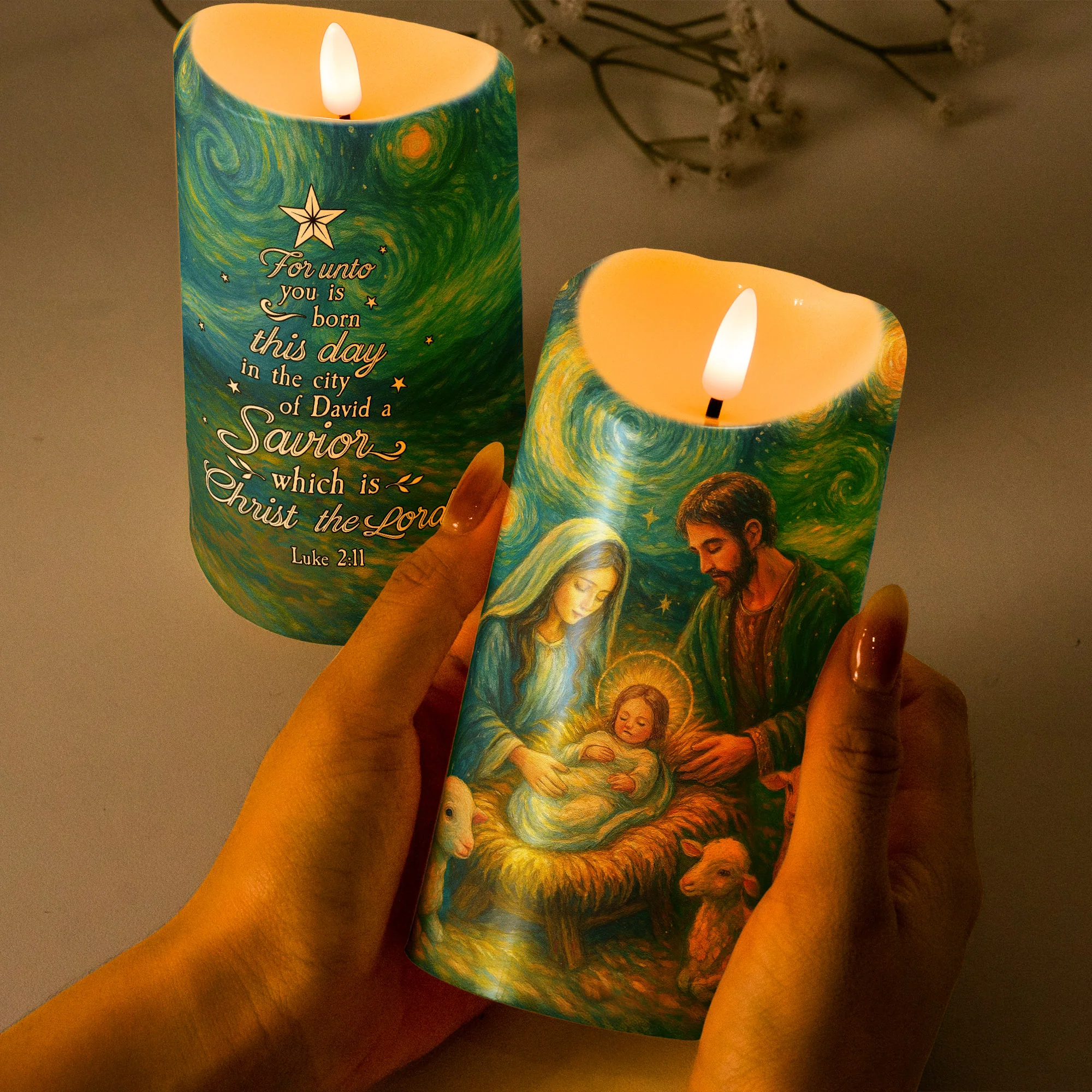 Nativity Scene Christmas Starry Night Van Gogh Style - Personalized LED Candle - Image 2