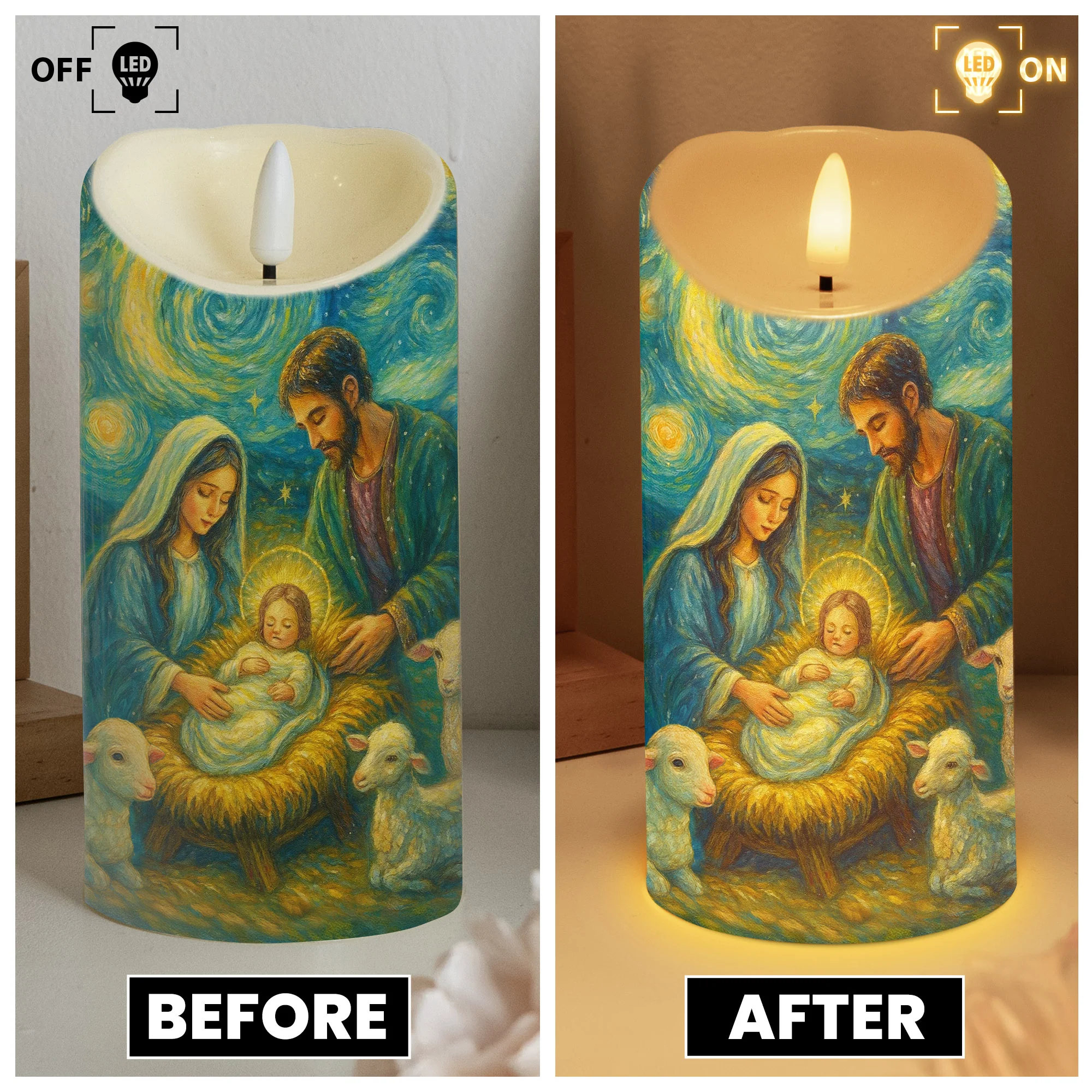 Nativity Scene Christmas Starry Night Van Gogh Style - Personalized LED Candle - Image 3