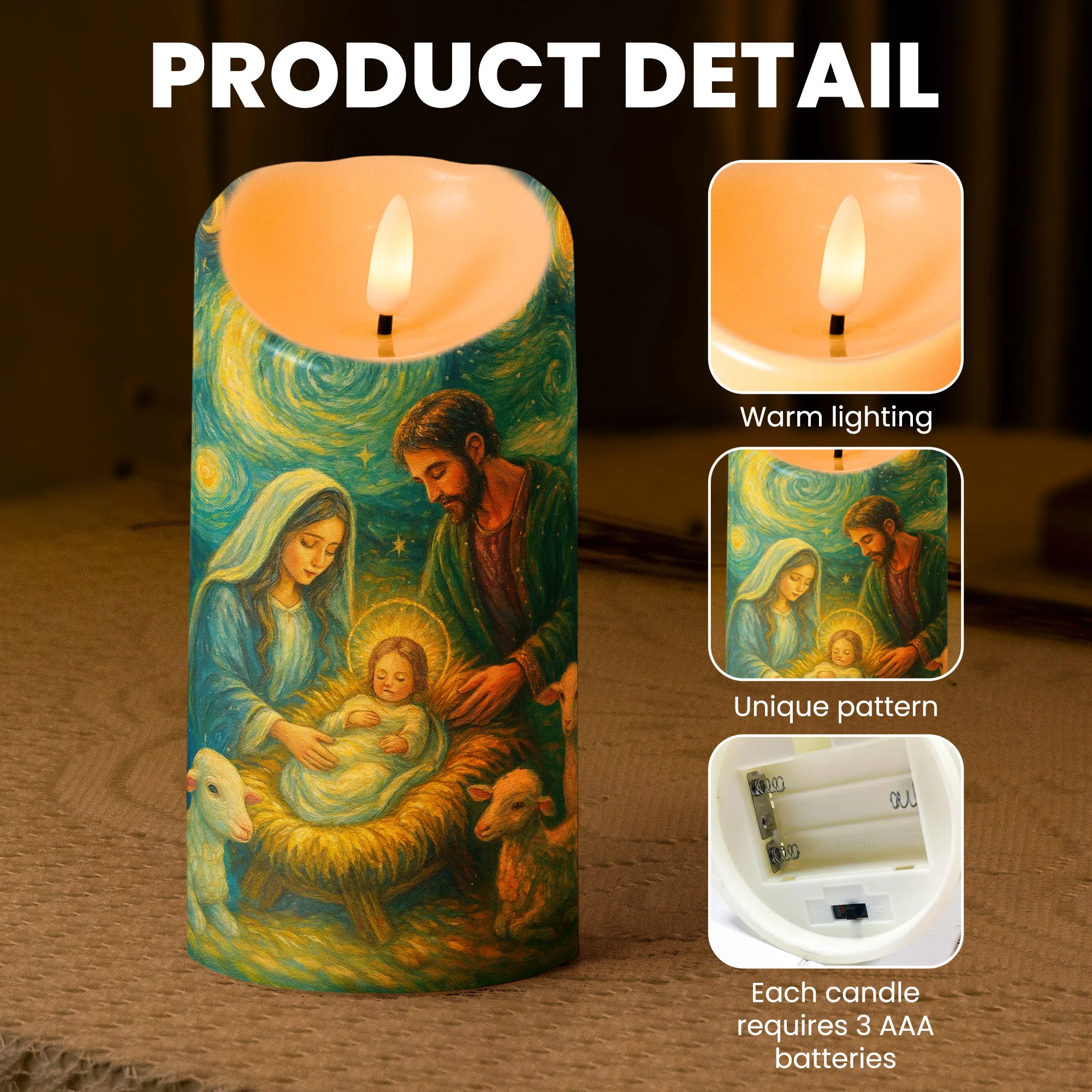 Nativity Scene Christmas Starry Night Van Gogh Style - Personalized LED Candle - Image 4
