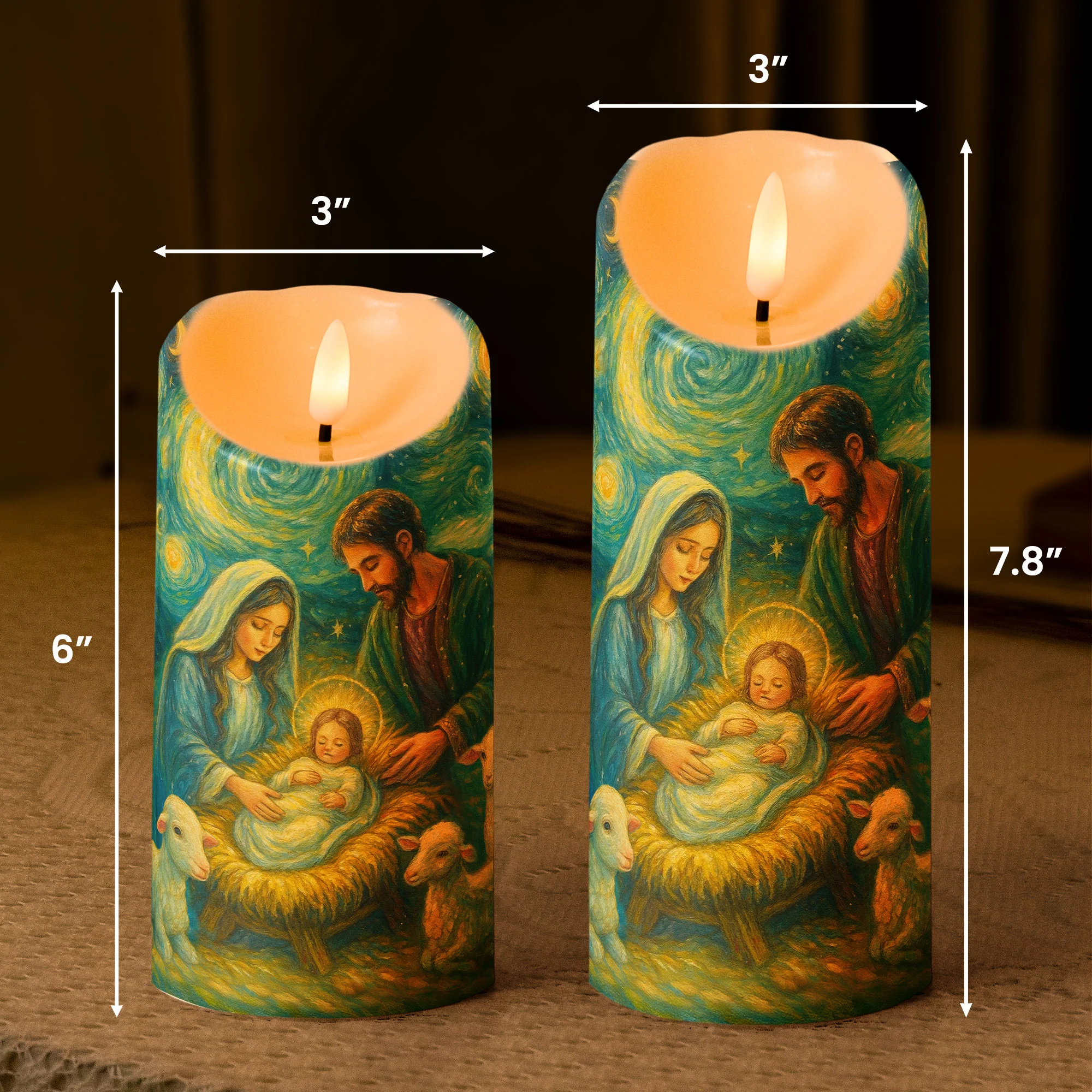 Nativity Scene Christmas Starry Night Van Gogh Style - Personalized LED Candle - Image 5