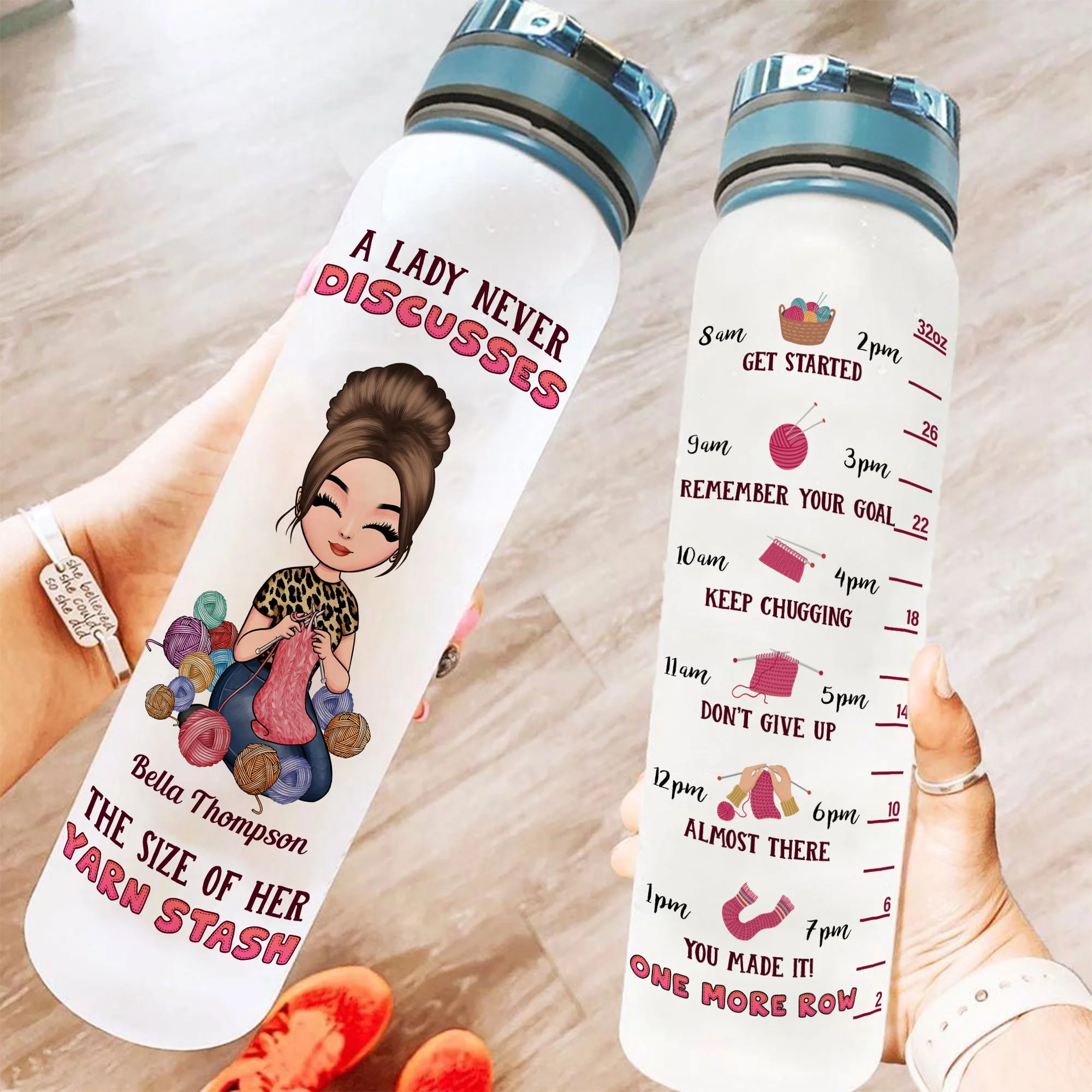 Never Discusses Yarn Stash Of A Lady - Personalized Water Tracker Bottle - Image 2