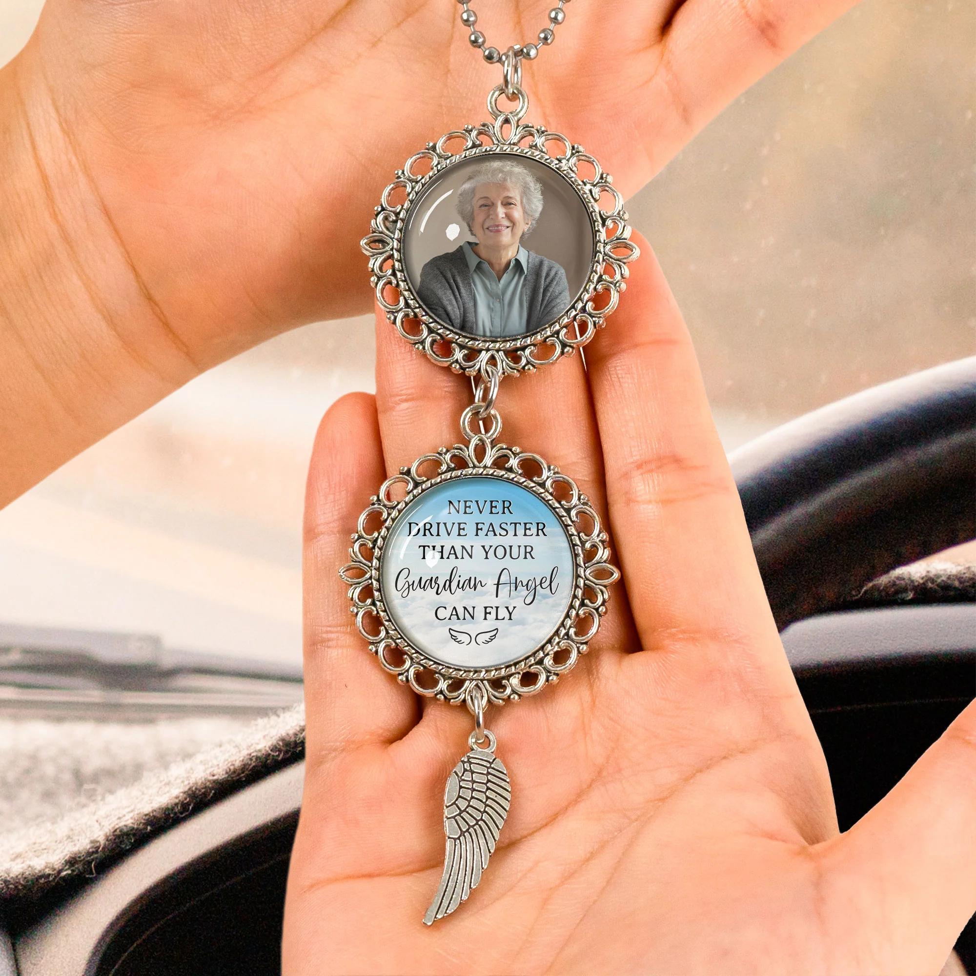 Never Drive Faster Than Your Guardian Angel Can Fly - Personalized Car Photo Ornament - Image 2