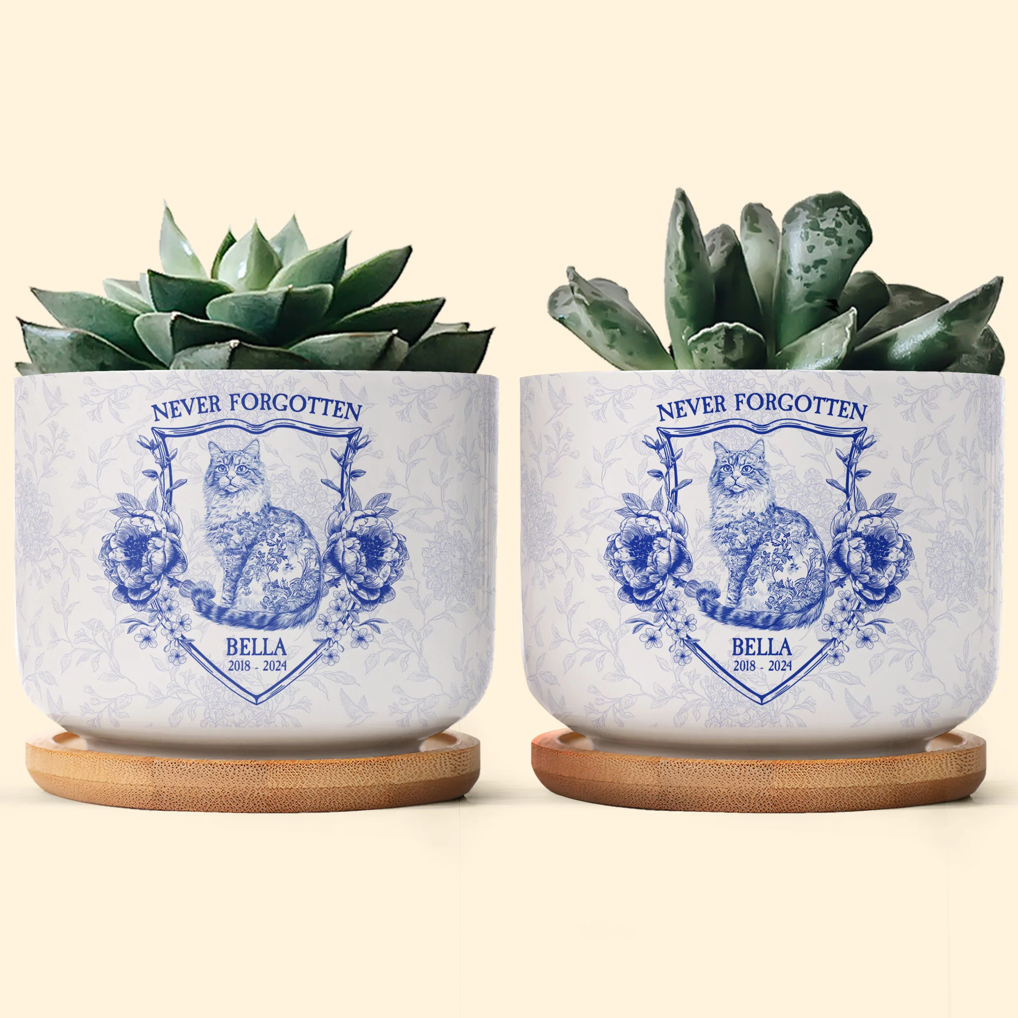 Never Forgotten Cat Toile De Jouy Style - Personalized Ceramic Plant Pot With Tray - Image 3