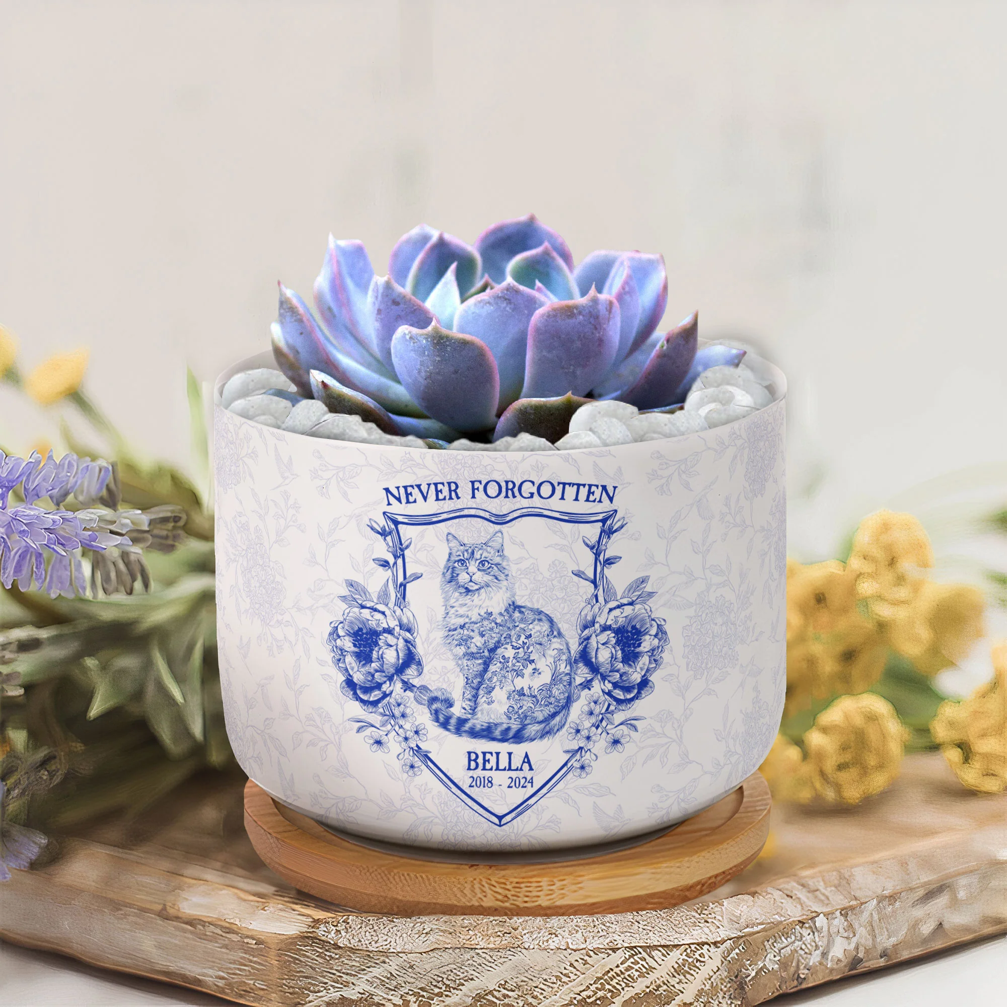 Never Forgotten Cat Toile De Jouy Style - Personalized Ceramic Plant Pot With Tray - Image 4