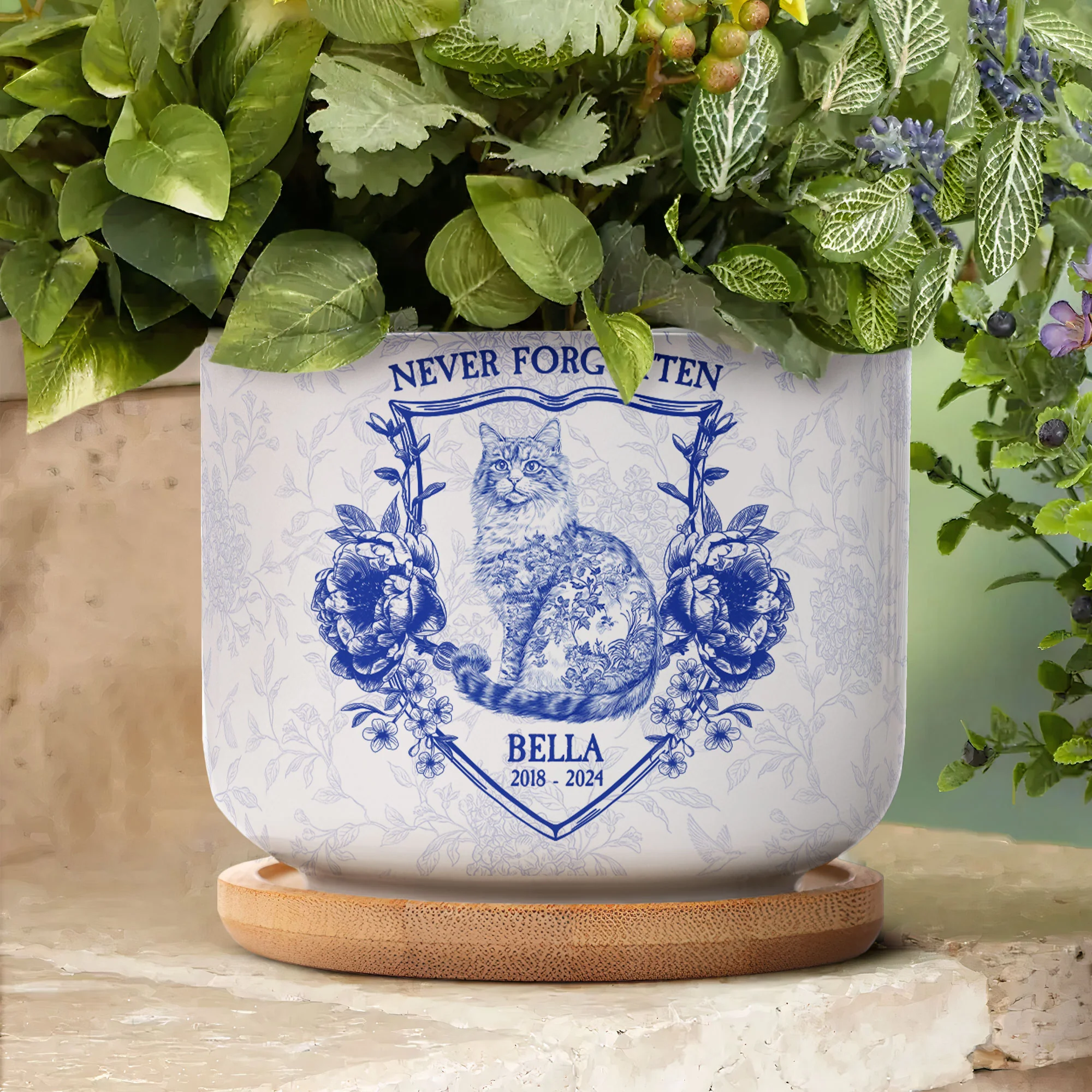 Never Forgotten Cat Toile De Jouy Style - Personalized Ceramic Plant Pot With Tray - Image 5