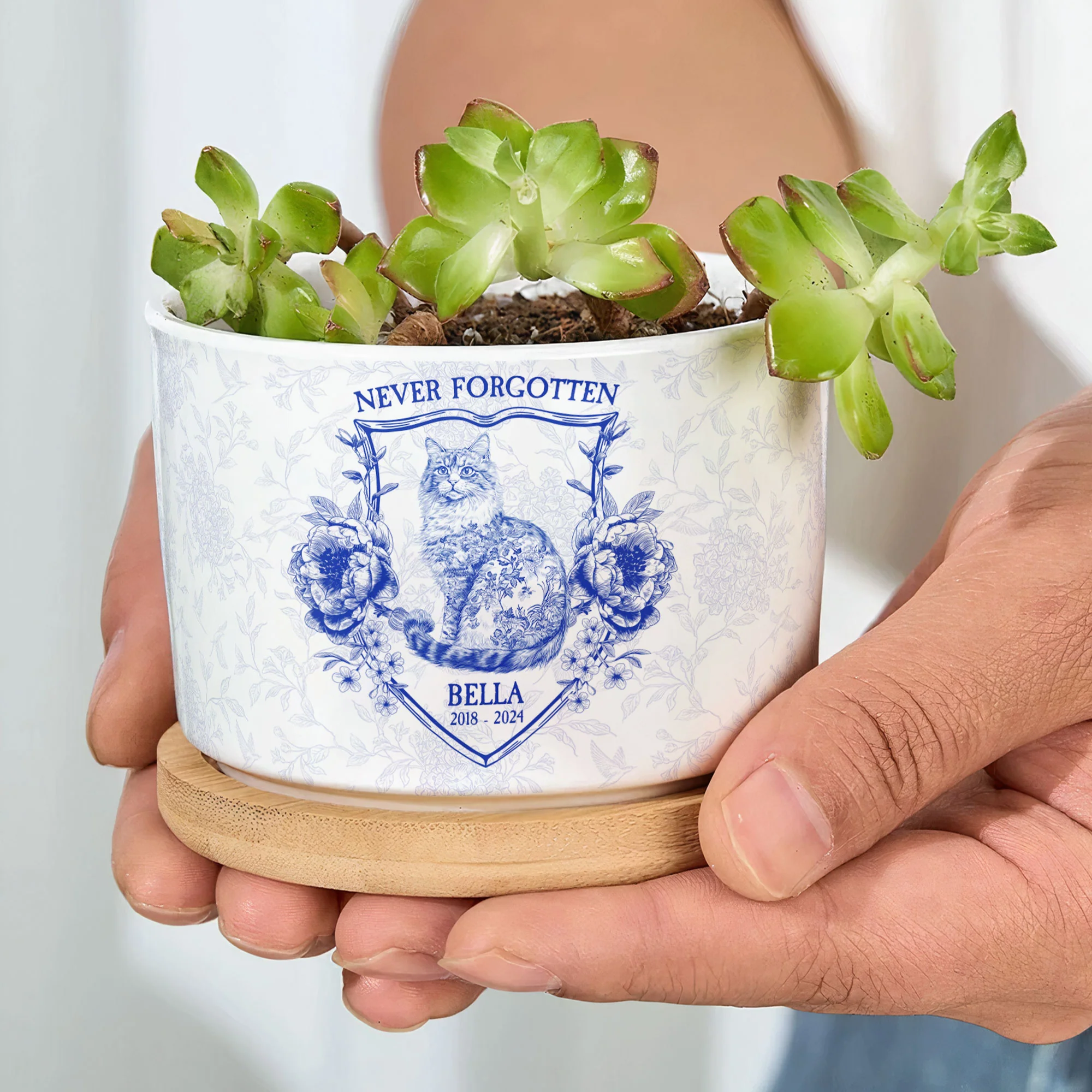 Never Forgotten Cat Toile De Jouy Style - Personalized Ceramic Plant Pot With Tray - Image 6