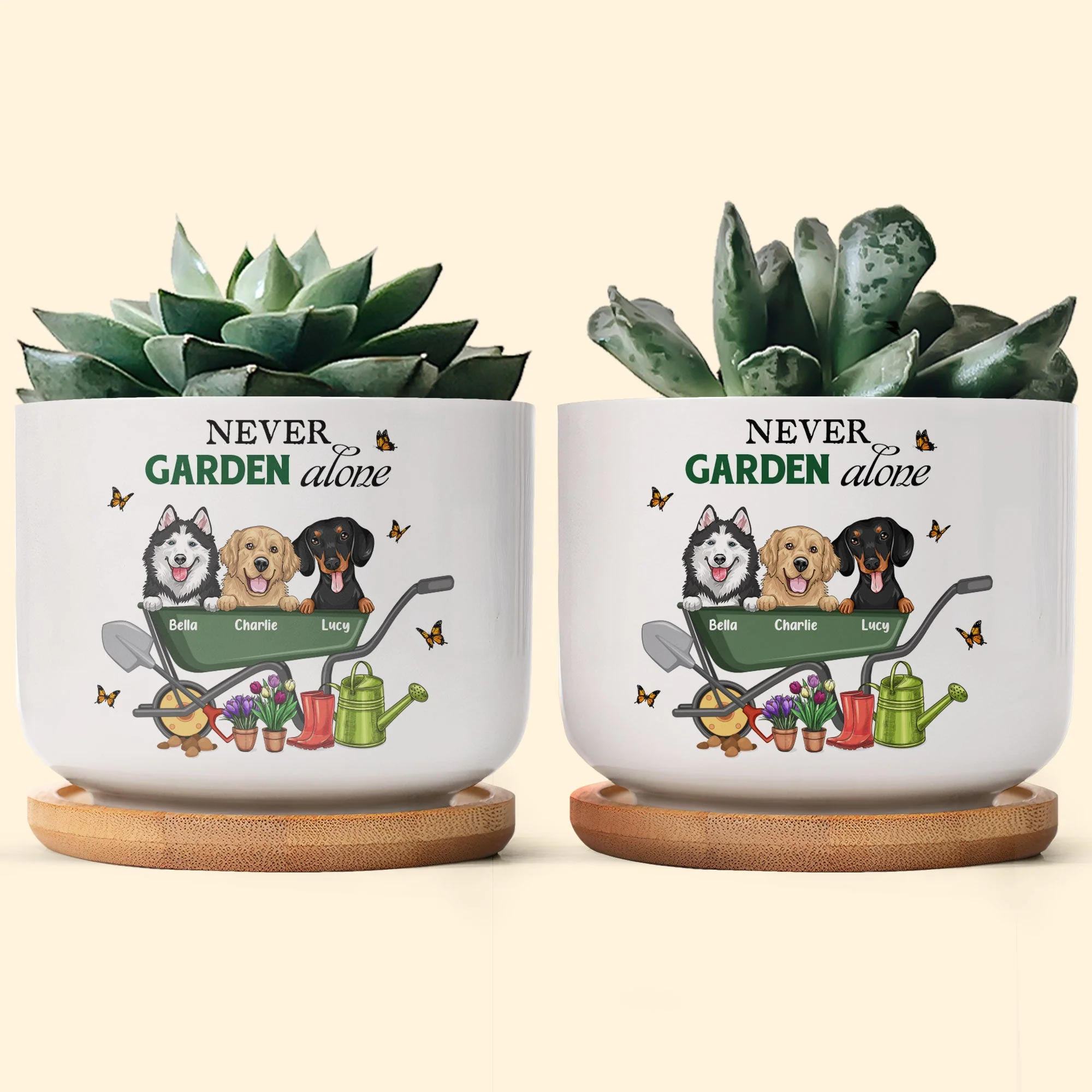 Never Garden Alone - Personalized Ceramic Plant Pot With Tray - Image 2