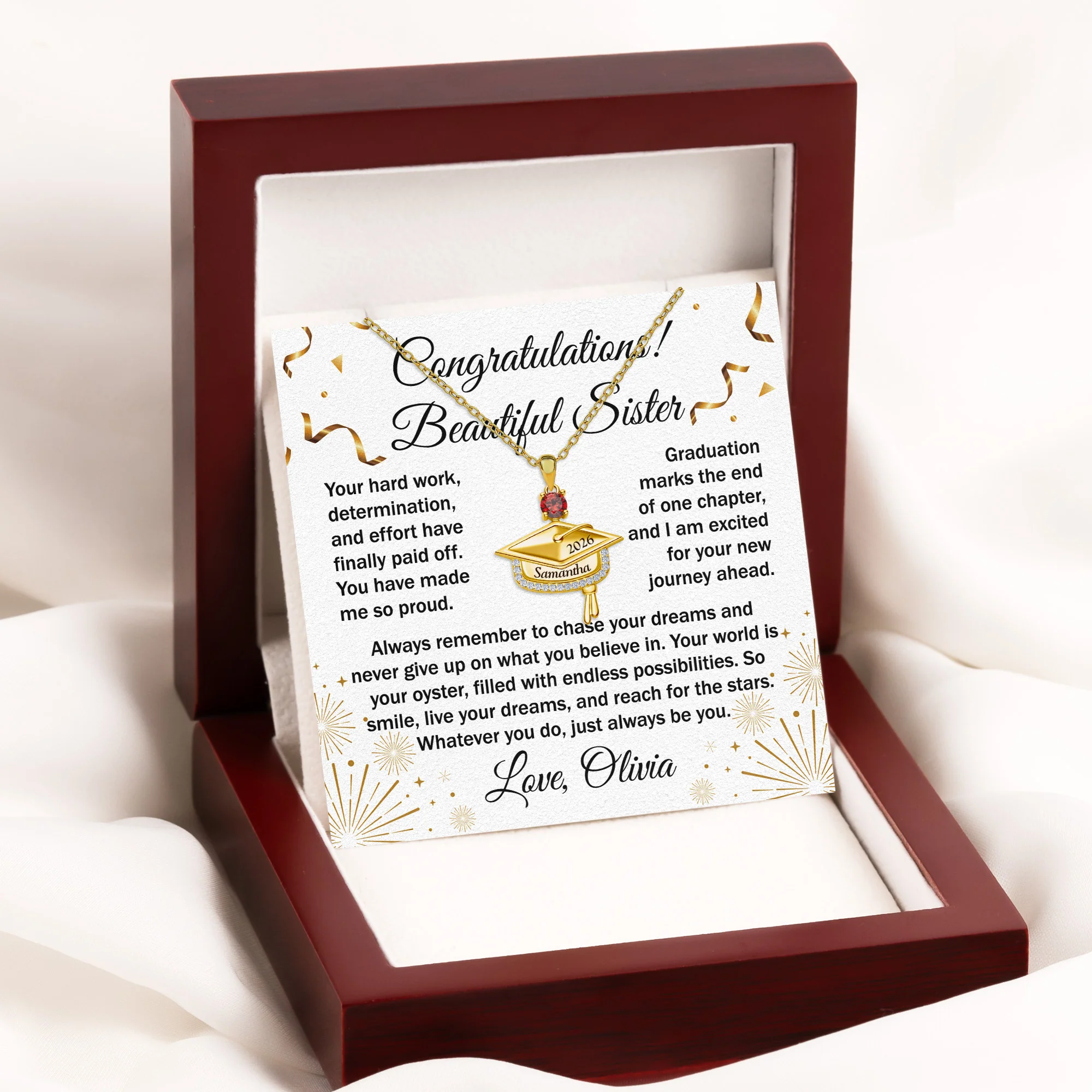 Never Give Up - Personalized Graduation Cap Pendant Necklace With Birthstone - Image 5