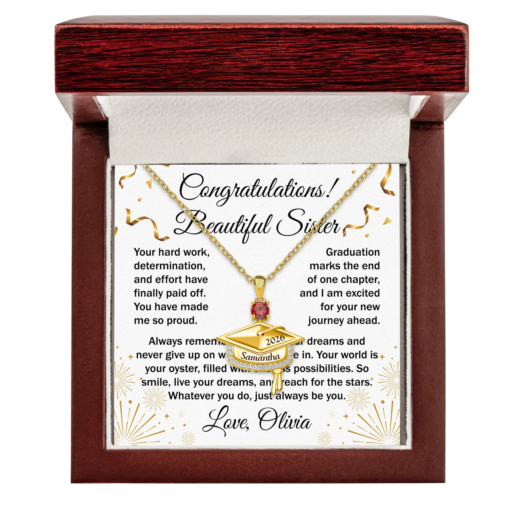 Never Give Up - Personalized Graduation Cap Pendant Necklace With Birthstone - Image 6