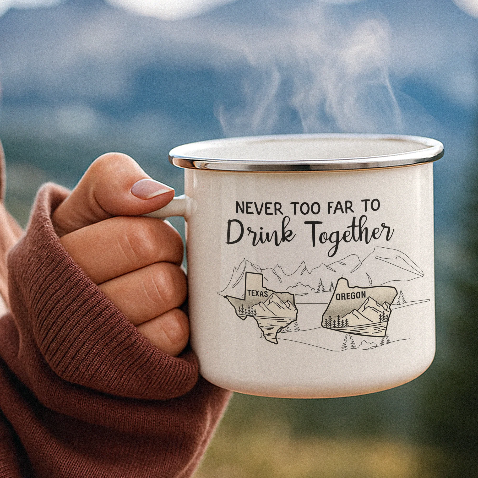 Never Too Far To Drink Together Crew Gift For Friends - Personalized Enamel Mug - Image 3
