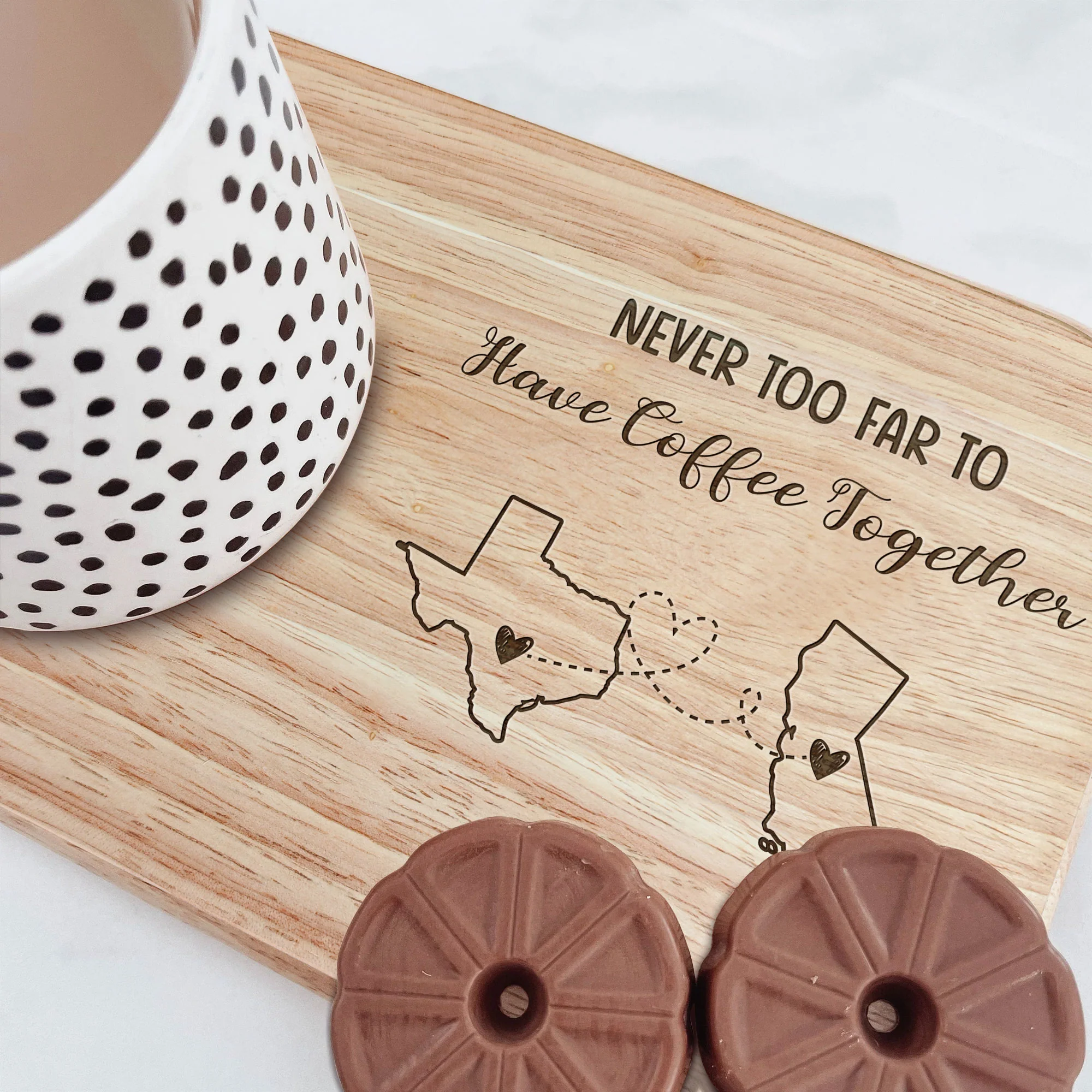 Never Too Far To Drink Together - Custom Engraved Wooden Tea & Biscuit Board - Image 2