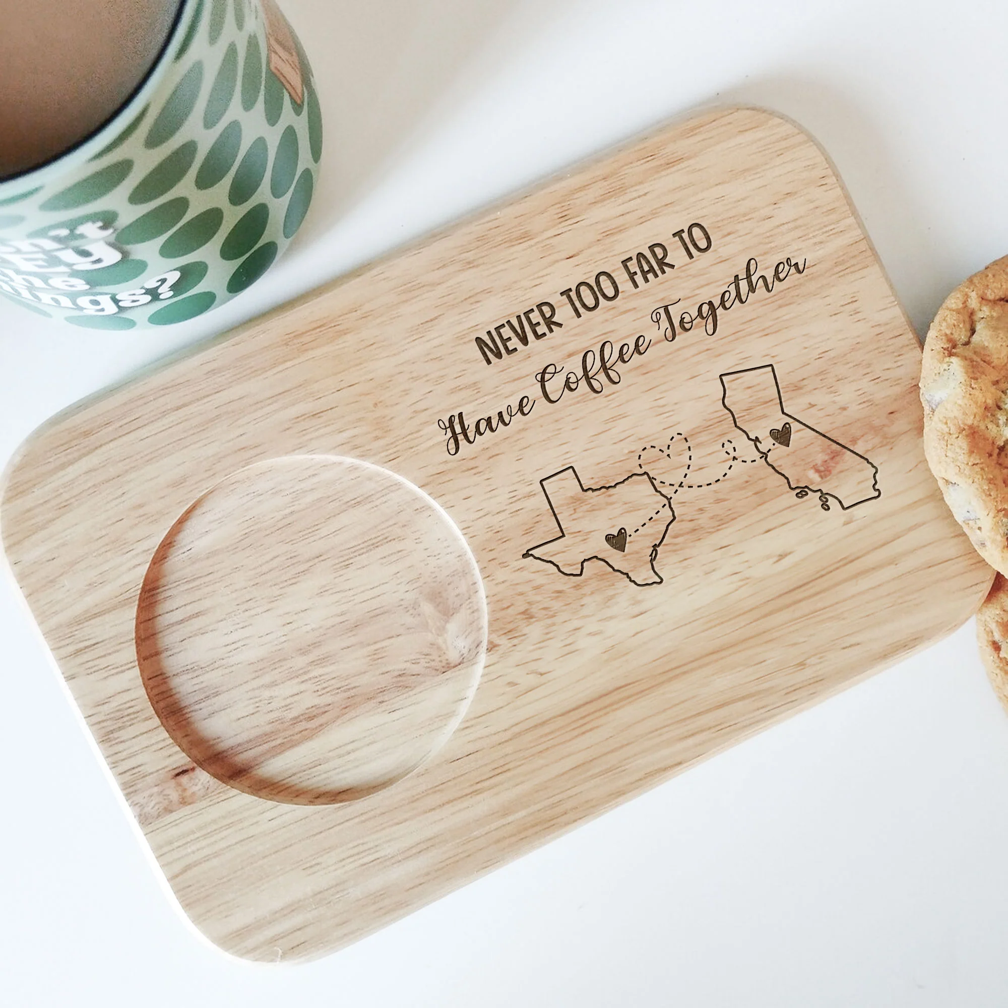 Never Too Far To Drink Together - Custom Engraved Wooden Tea & Biscuit Board - Image 3