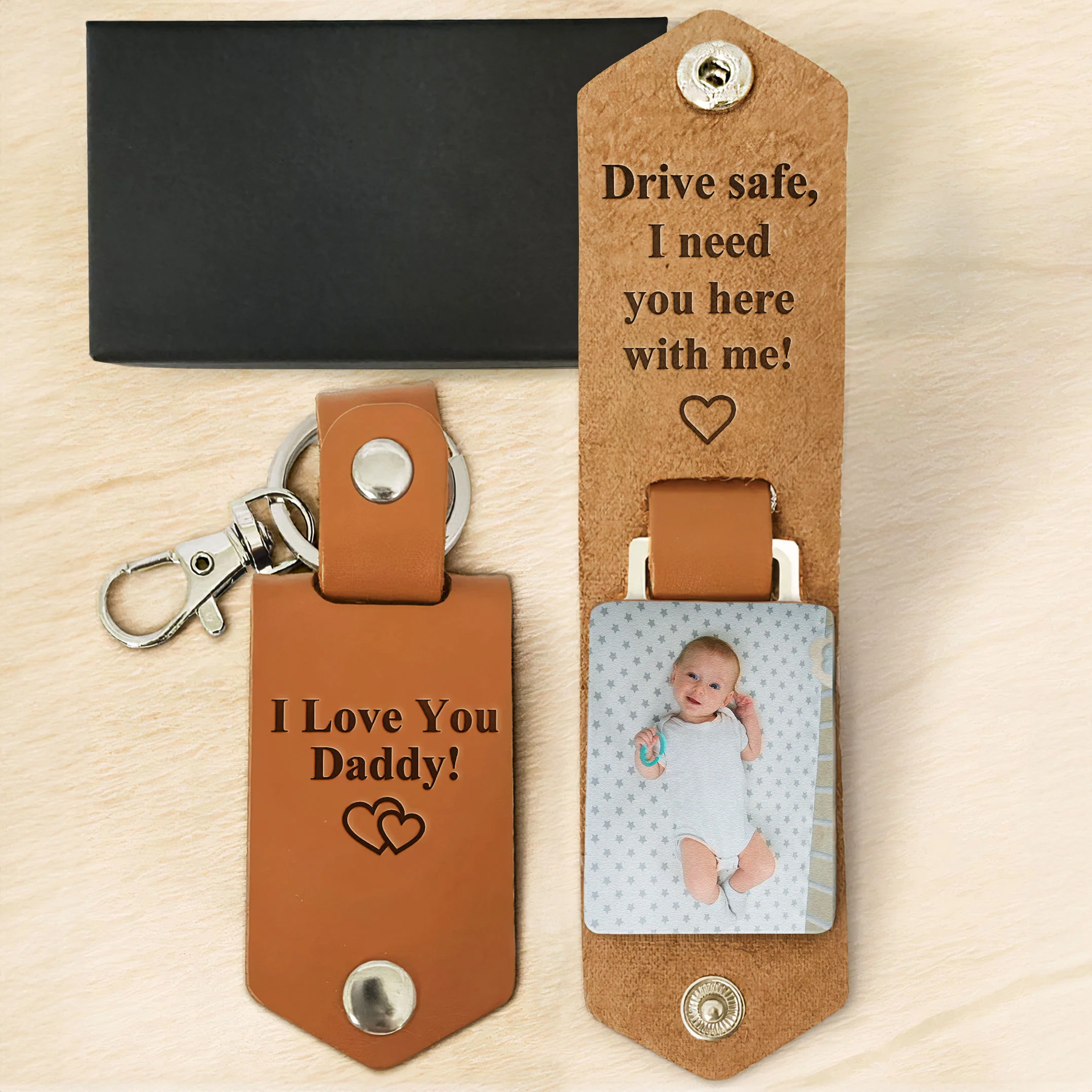 New Dad Gift Drive Safe I Need You Here With Me - Personalized Leather Photo Keychain - Image 5