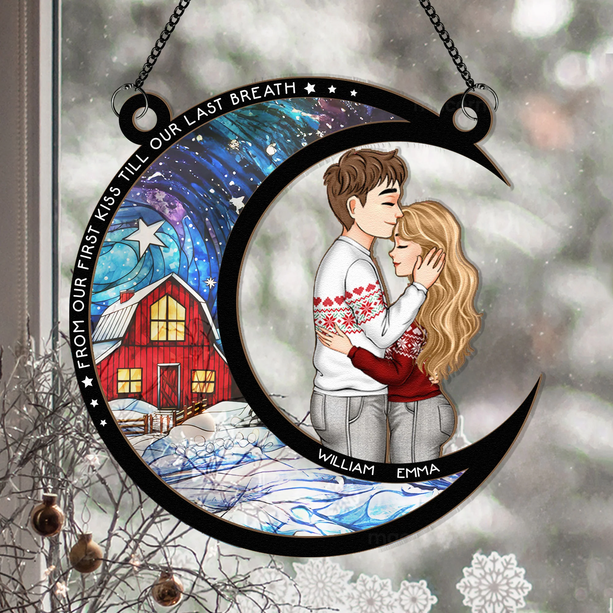 New From Our First Kiss Christmas - Personalized Window Hanging Suncatcher Ornament - Image 3