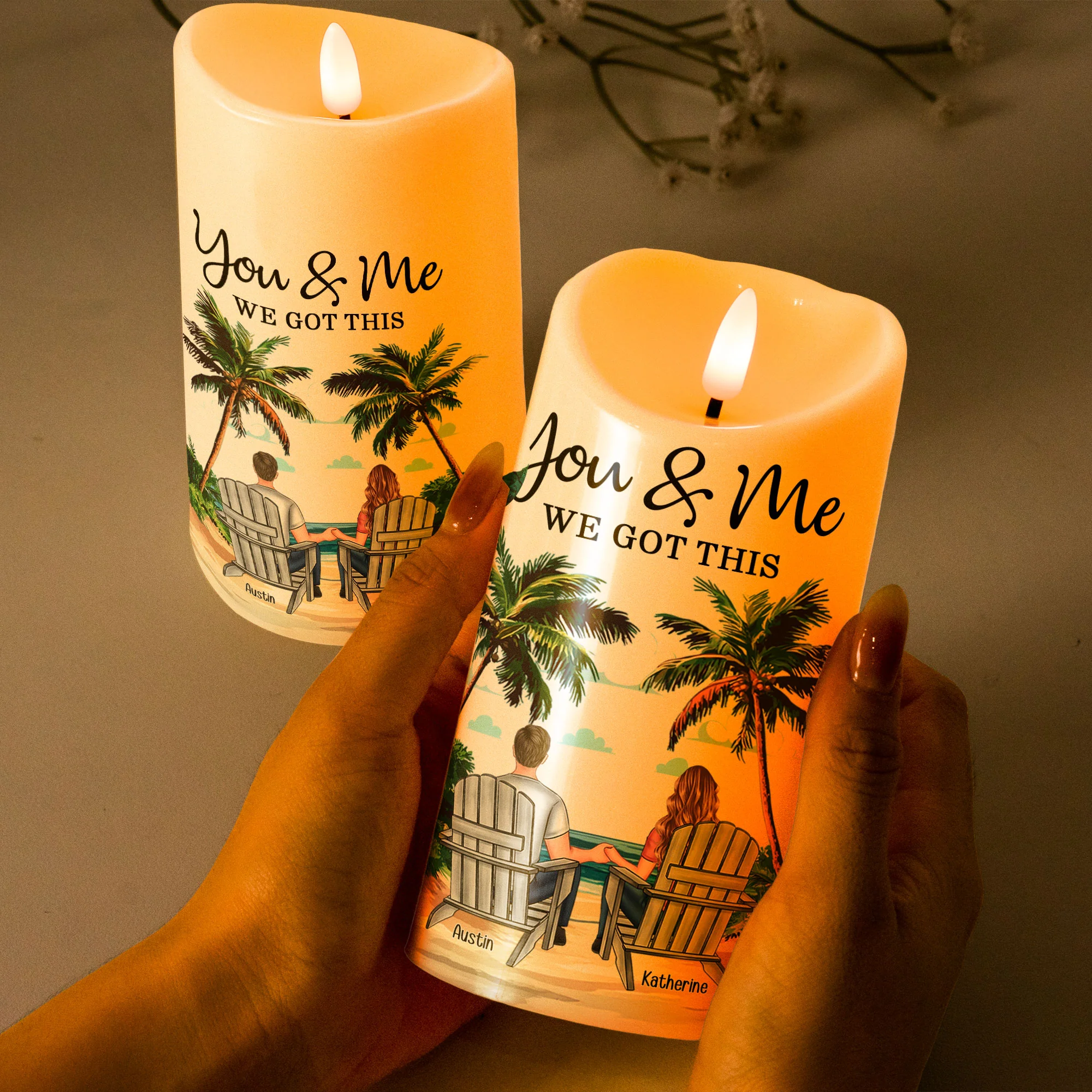 New Version You & Me We Got This Beach Scene - Personalized LED Candle - Image 3
