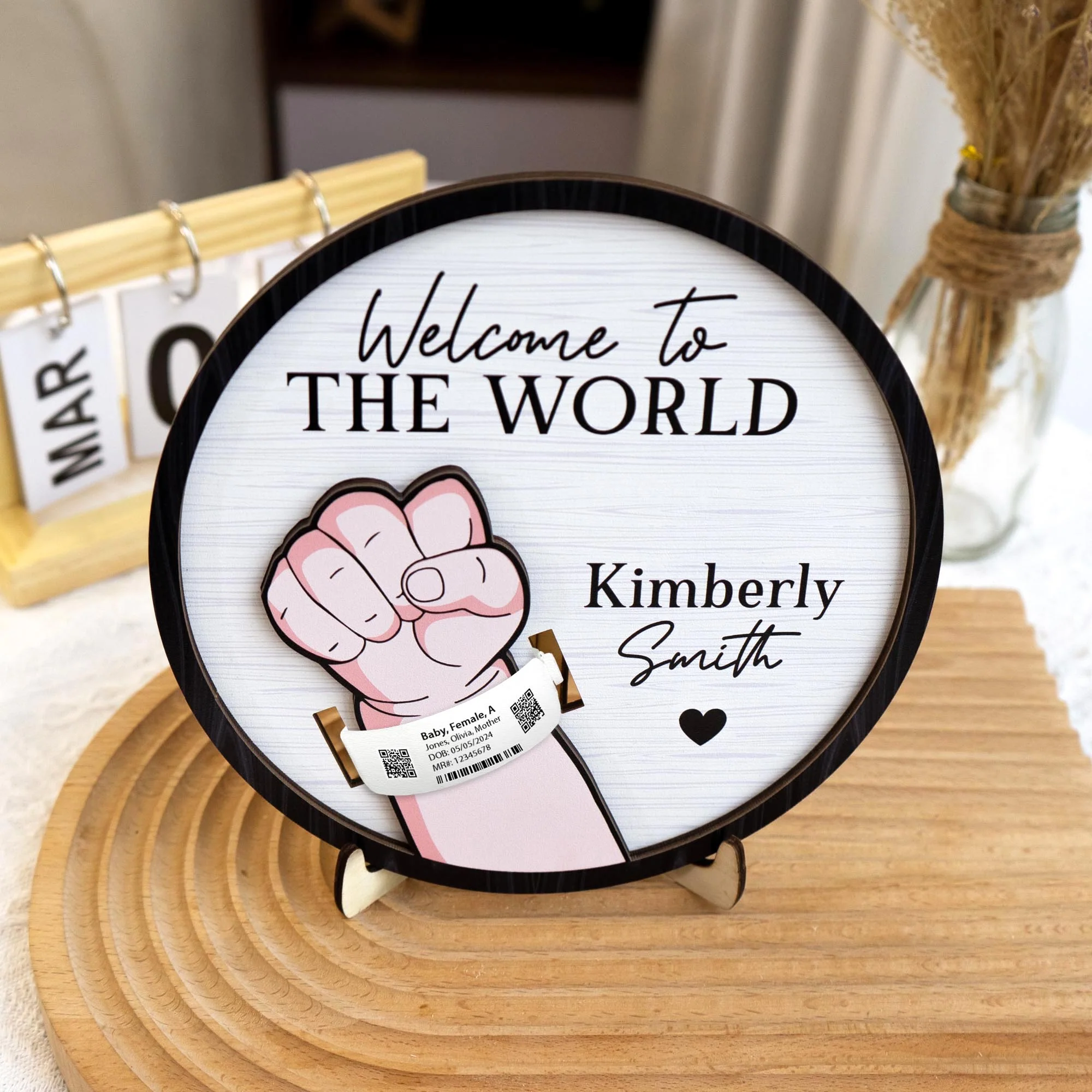 Newborn Birth Hospital Bracelet Wristband Holder - Personalized Wooden Plaque - Image 3