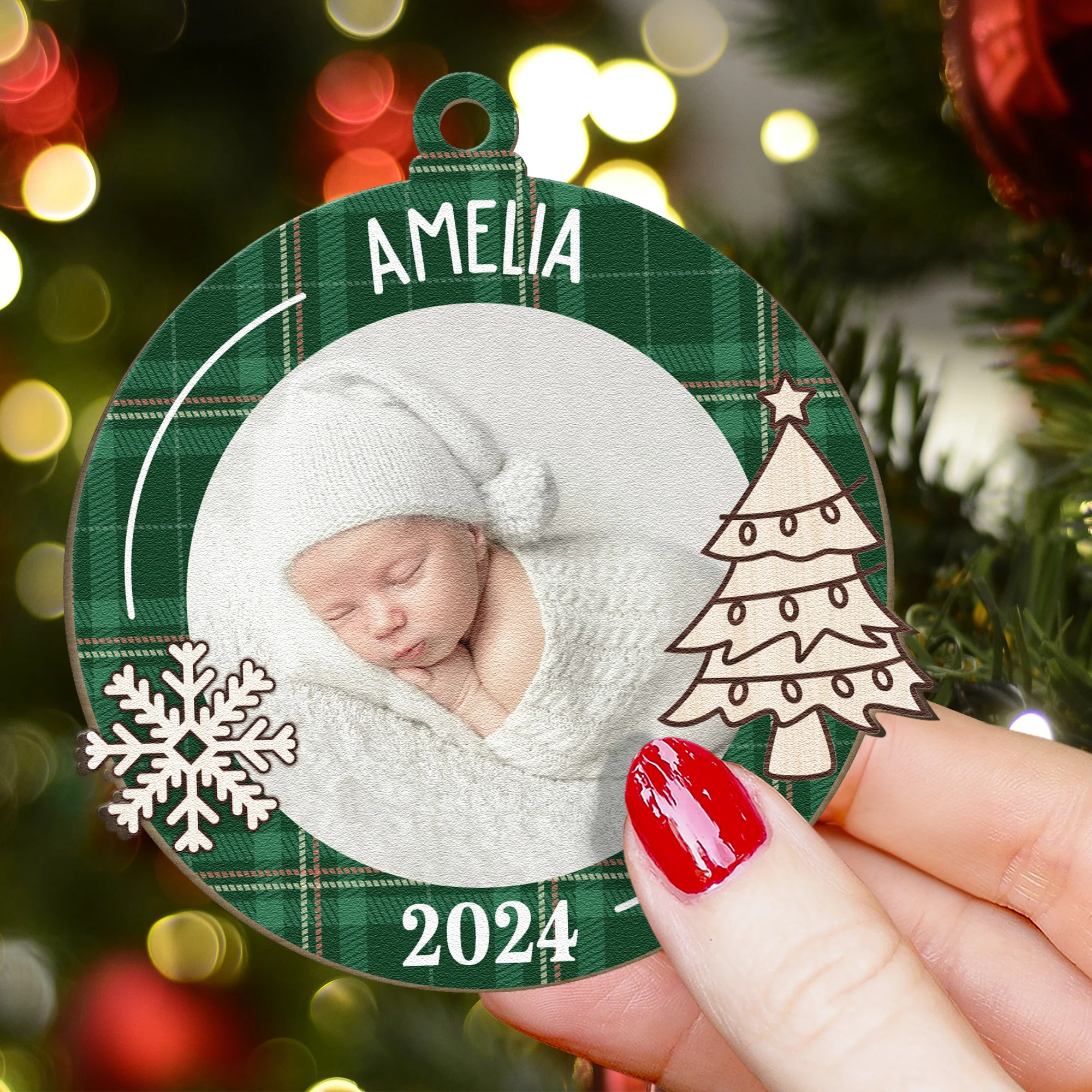 Newborn First Christmas Baby Gift - Personalized Wooden Photo Ornament - Image 2