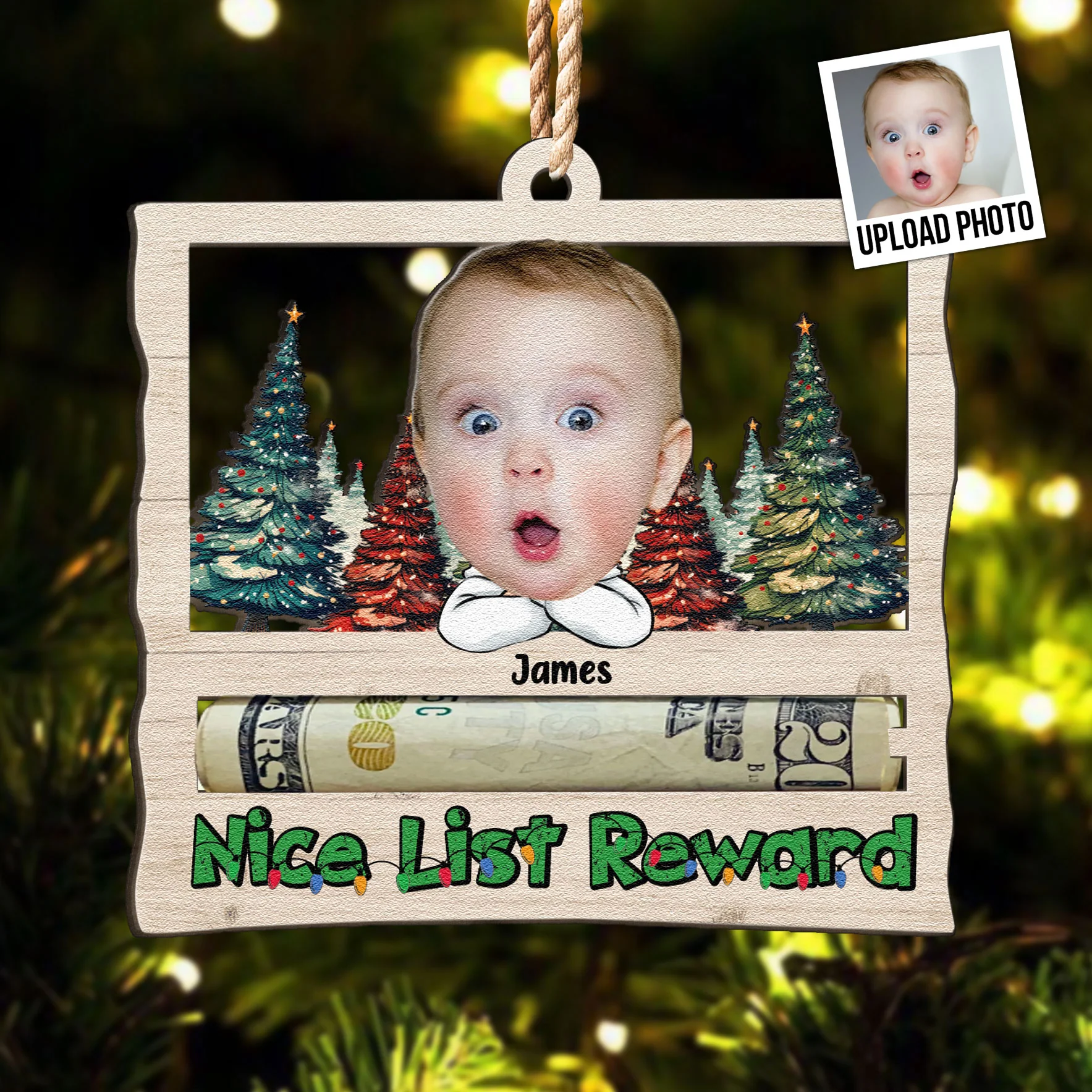 Nice List Reward Money Holder - Personalized Wooden Photo Ornament - Image 4