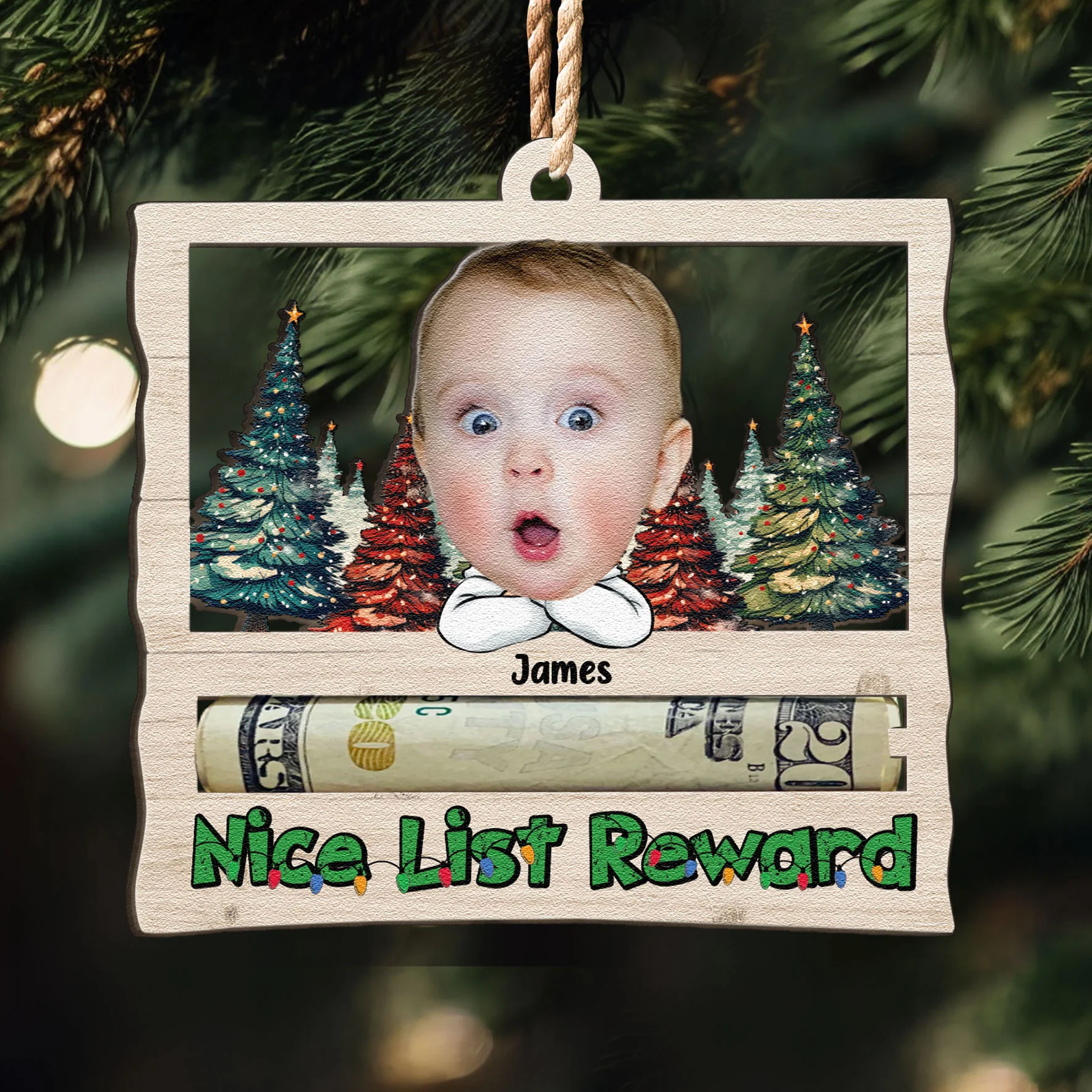 Nice List Reward Money Holder - Personalized Wooden Photo Ornament - Image 5