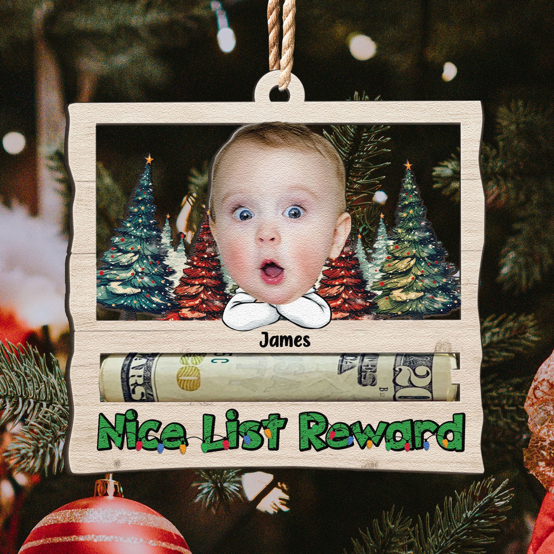 Nice List Reward Money Holder - Personalized Wooden Photo Ornament - Image 7