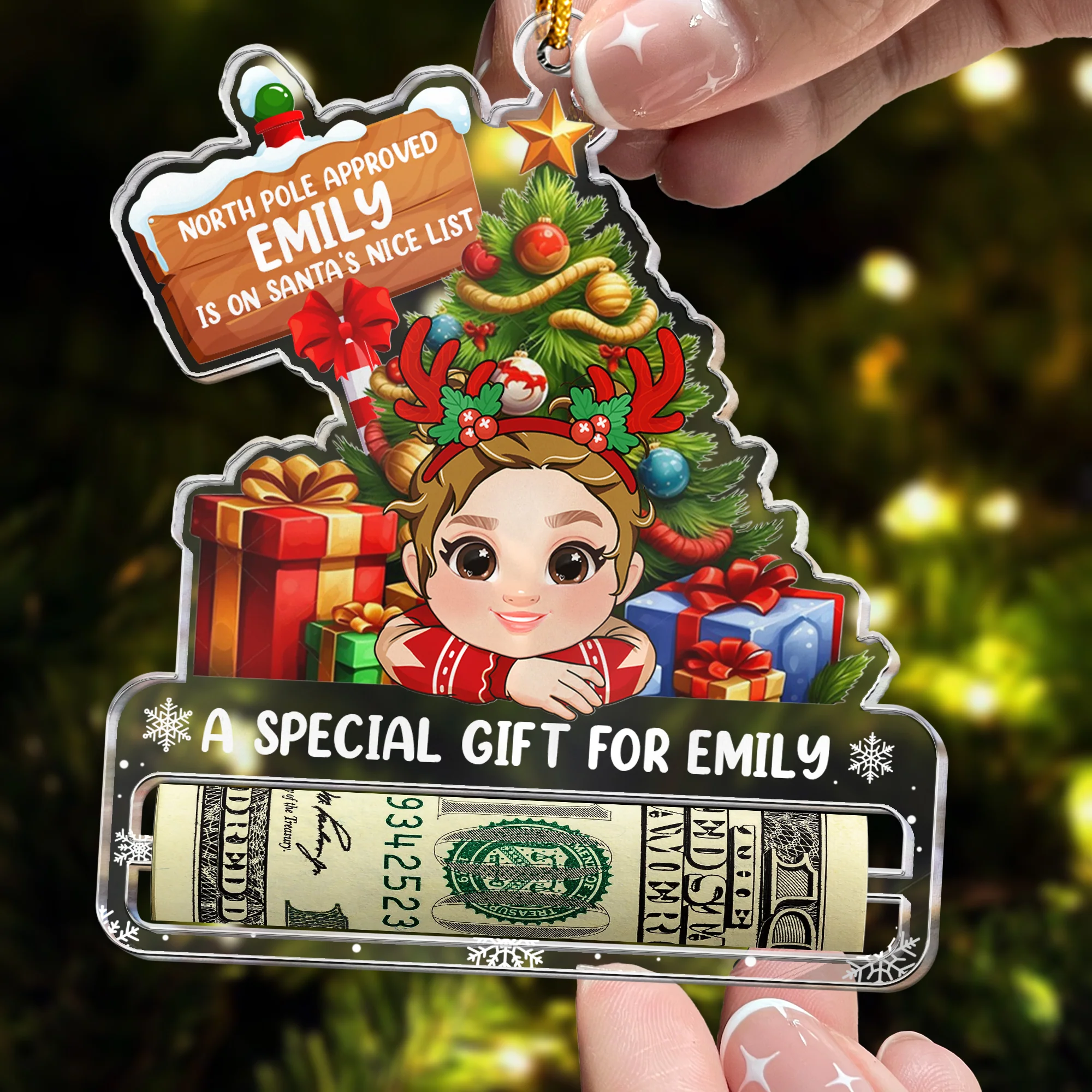 Nice List Santa Christmas Money Holder For Kids, Grandkids - Personalized Acrylic Ornament - Image 5