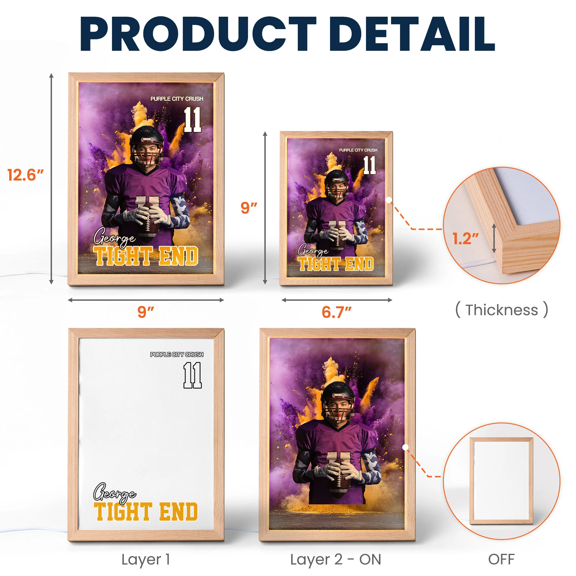 Night Light Poster For Kids - Football, Baseball, Soccer, Softball Players - Personalized Light Up Photo Frame - Image 10