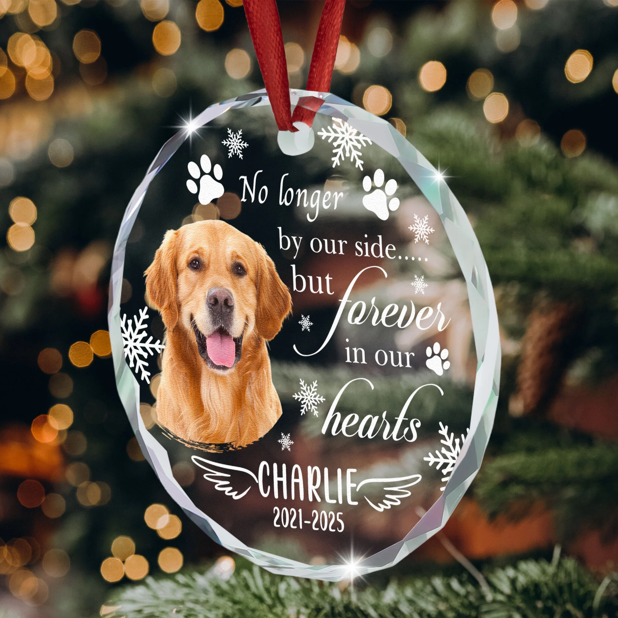 No Longer By Our Side But Forever In Our Hearts Pet - Personalized Glass Photo Ornament - Image 5