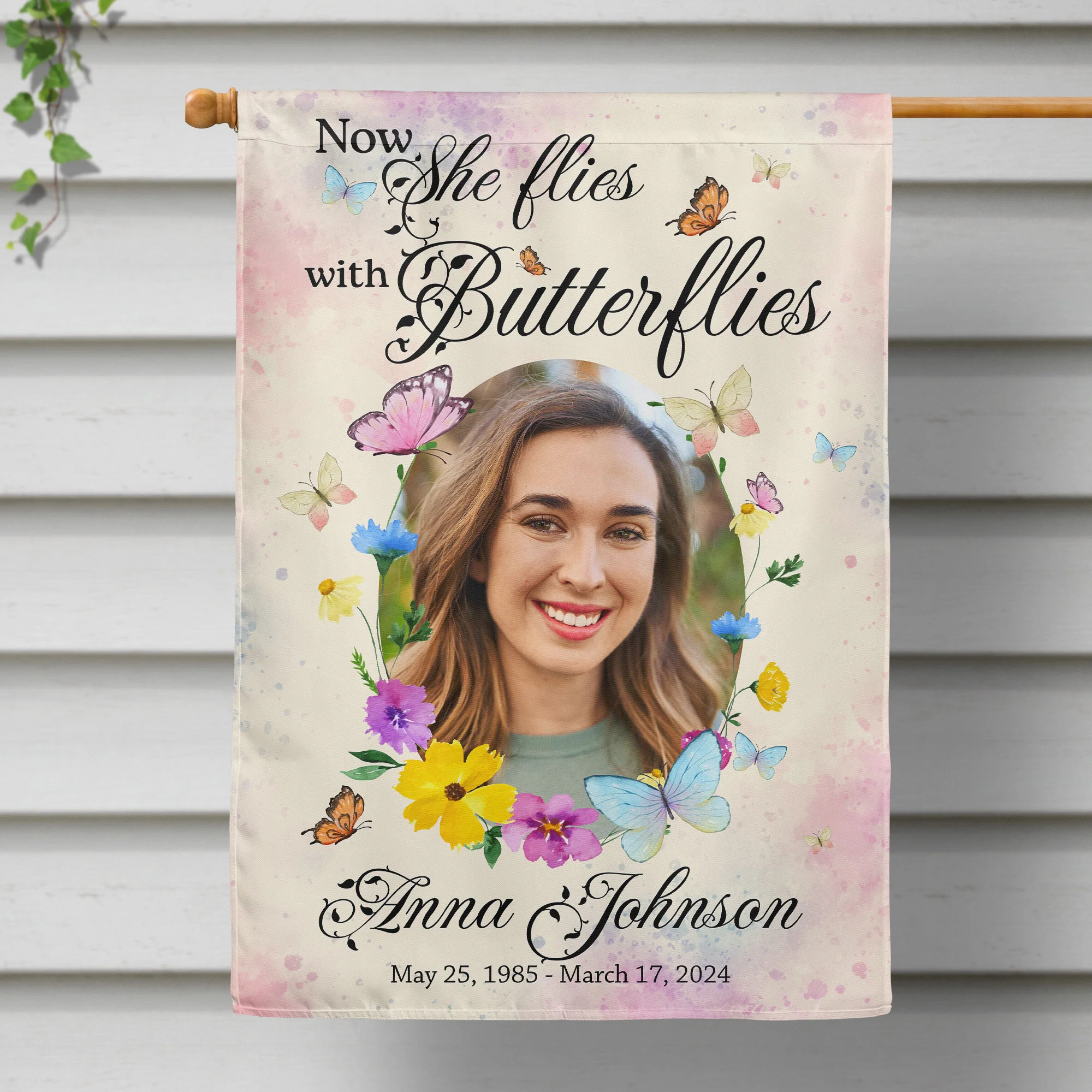 Now She Flies With Butterflies - Personalized Photo Flag - Image 2