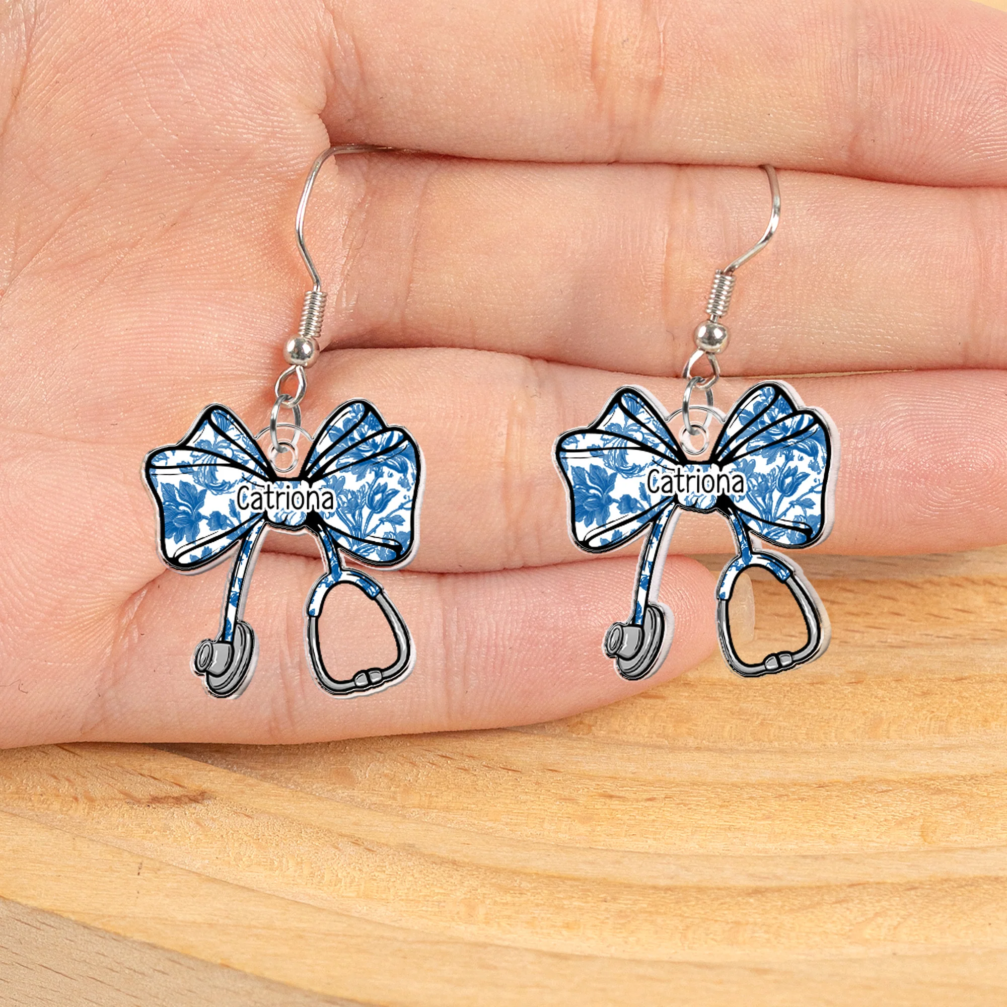Nurse Stethoscope Bow Coquette Ribbon Nursing Gift - Personalized Acrylic Earrings - Image 3