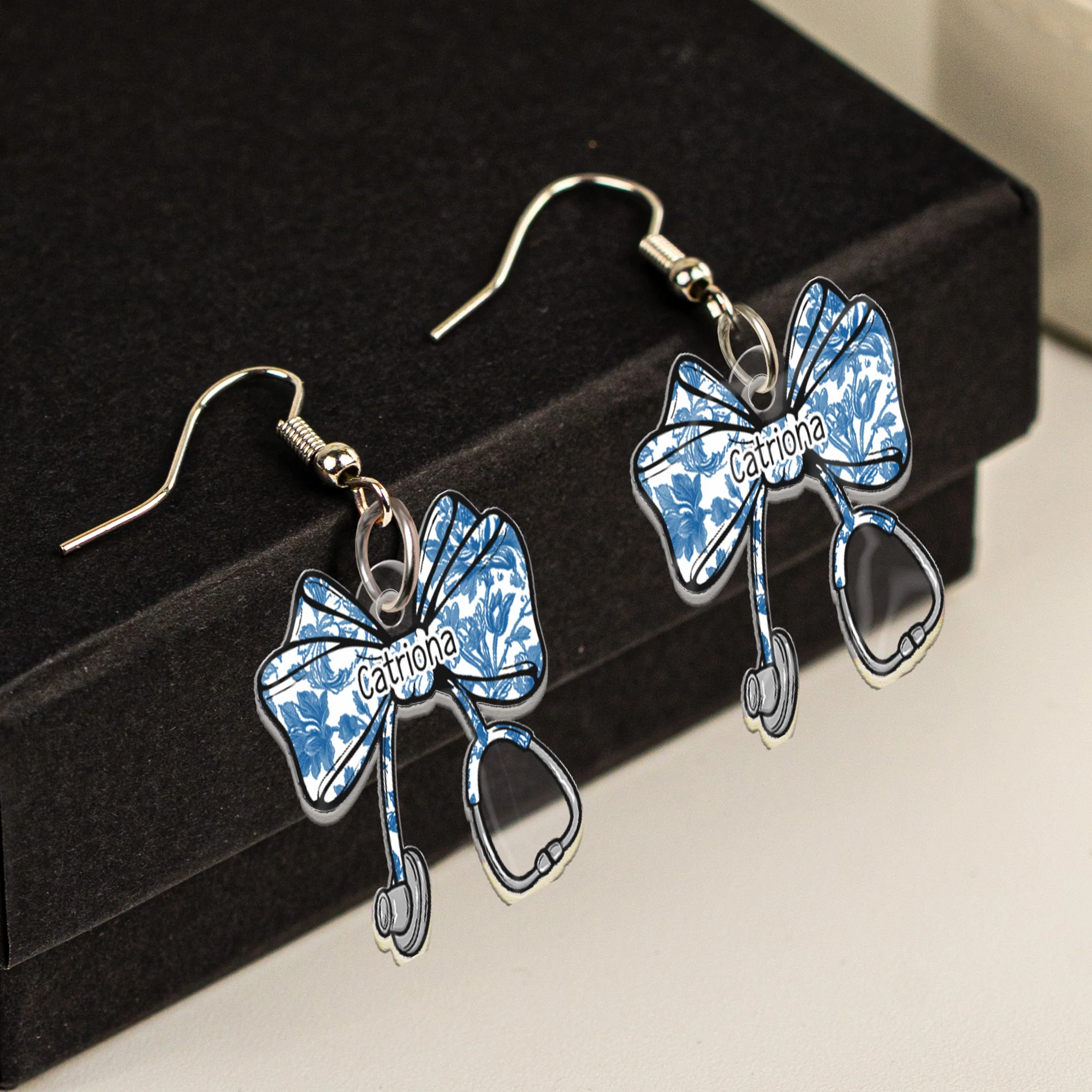 Nurse Stethoscope Bow Coquette Ribbon Nursing Gift - Personalized Acrylic Earrings - Image 4