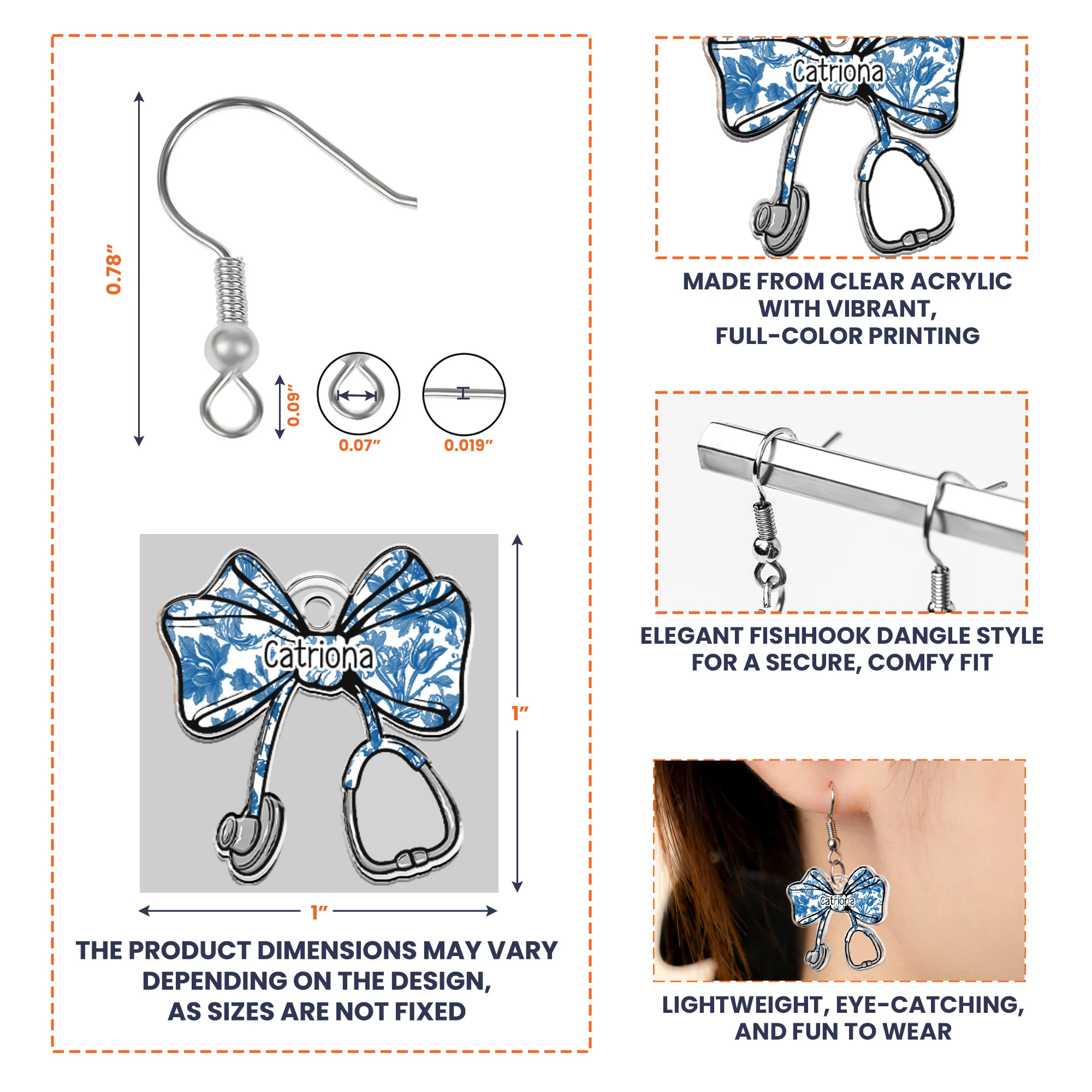Nurse Stethoscope Bow Coquette Ribbon Nursing Gift - Personalized Acrylic Earrings - Image 6