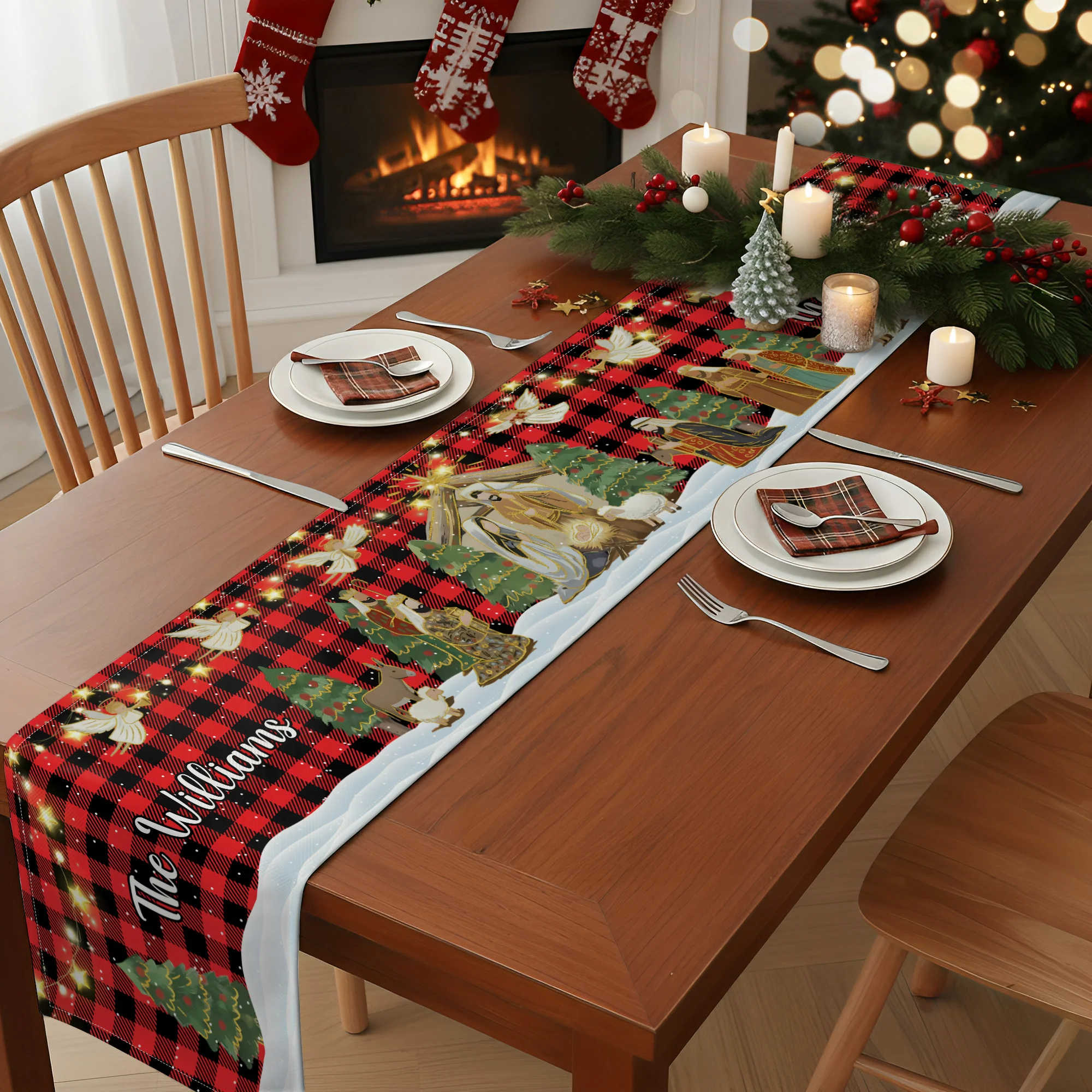 O Holy Night Nativity Scene Buffalo Plaid Christmas Dining Table Decoration - Personalized Table Runner - Image 2