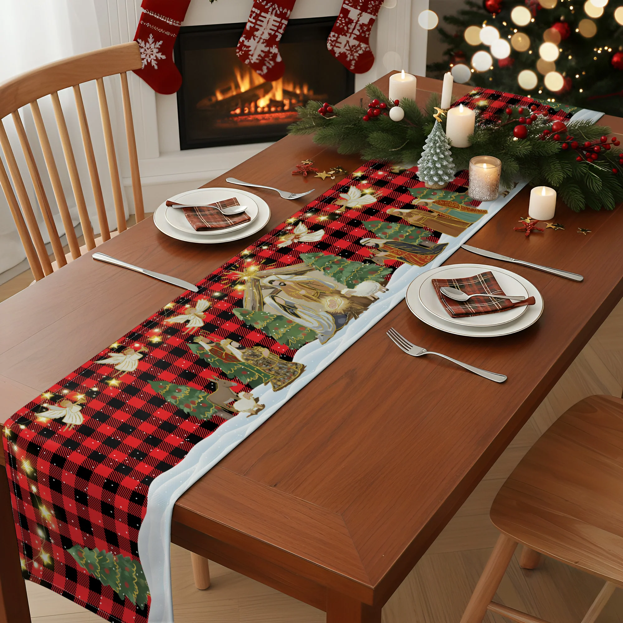 O Holy Night Nativity Scene Buffalo Plaid Christmas Dining Table Decoration - Table Runner - Image 2