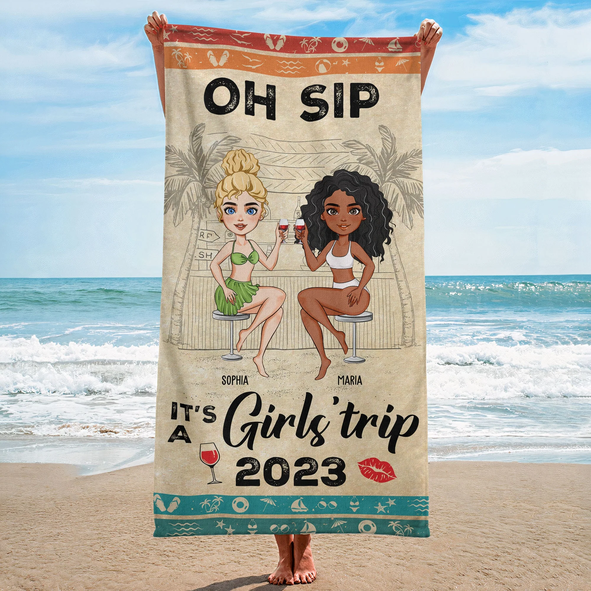 Oh Sip! It'S A Girls' Trip - Personalized Beach Towel - Image 2