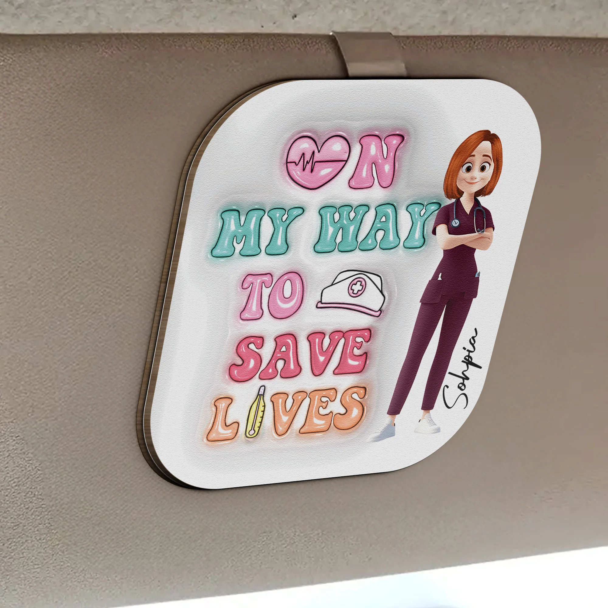 On My Way To Save Lives - Personalized Wooden Car Visor Clip - Image 2