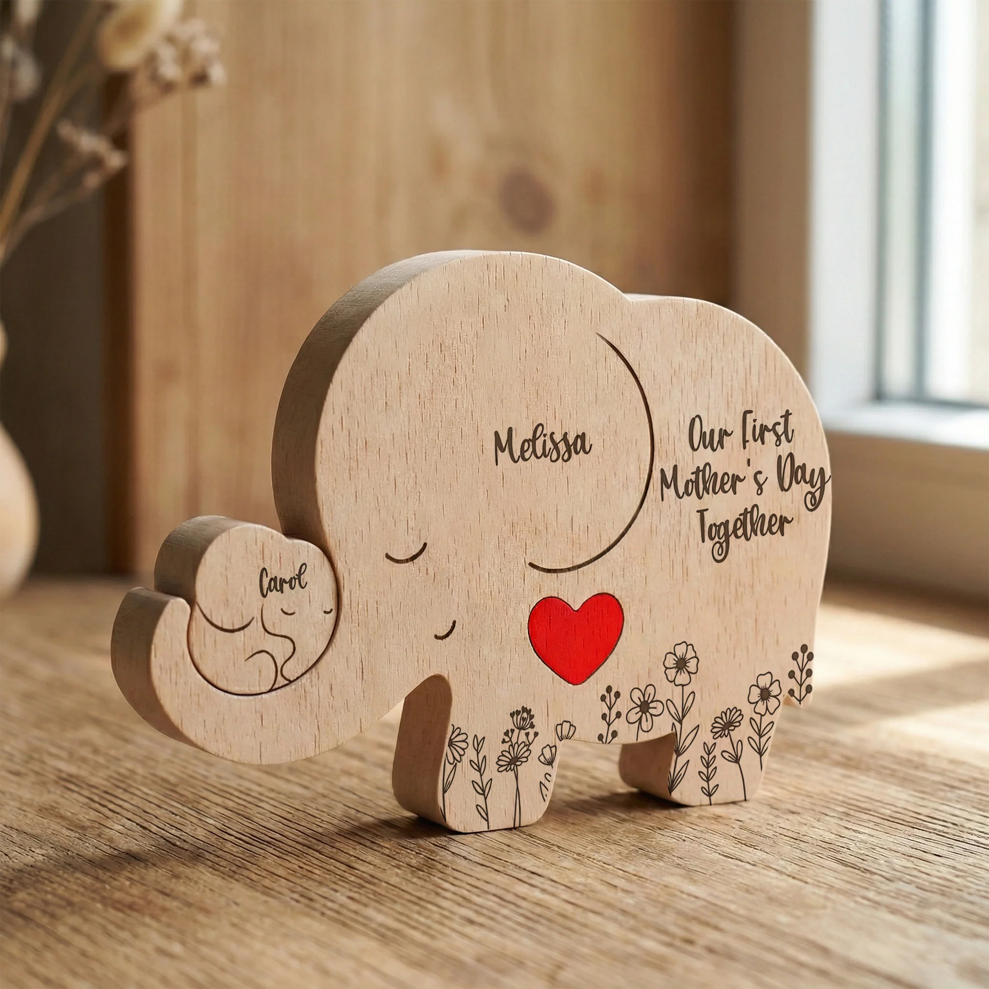 Our 1st Mother's Day Together - Elephant Mom & Baby - Floral Style - Personalized Puzzle - Image 3
