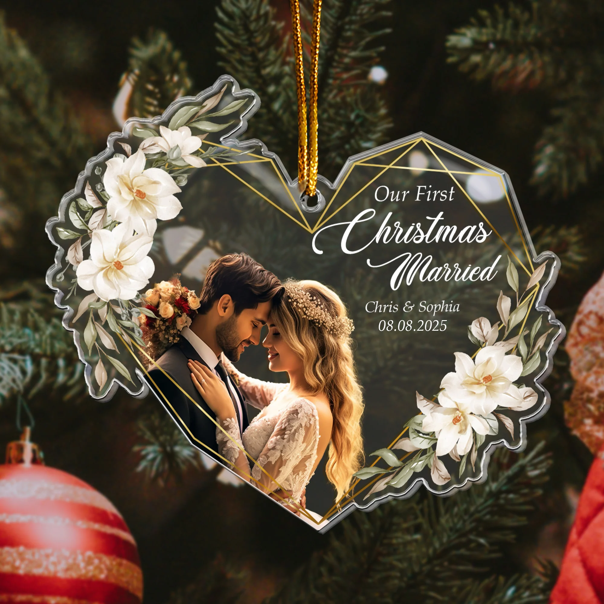 Our First Christmas Married As Mr & Mrs - 1st Xmas Together - Personalized Acrylic Photo Ornament - Image 4