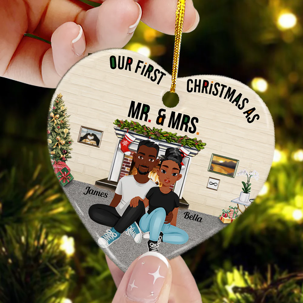 Our First Christmas Married As Mr. & Mrs. - Personalized Heart Shaped Ceramic Ornament - Image 2